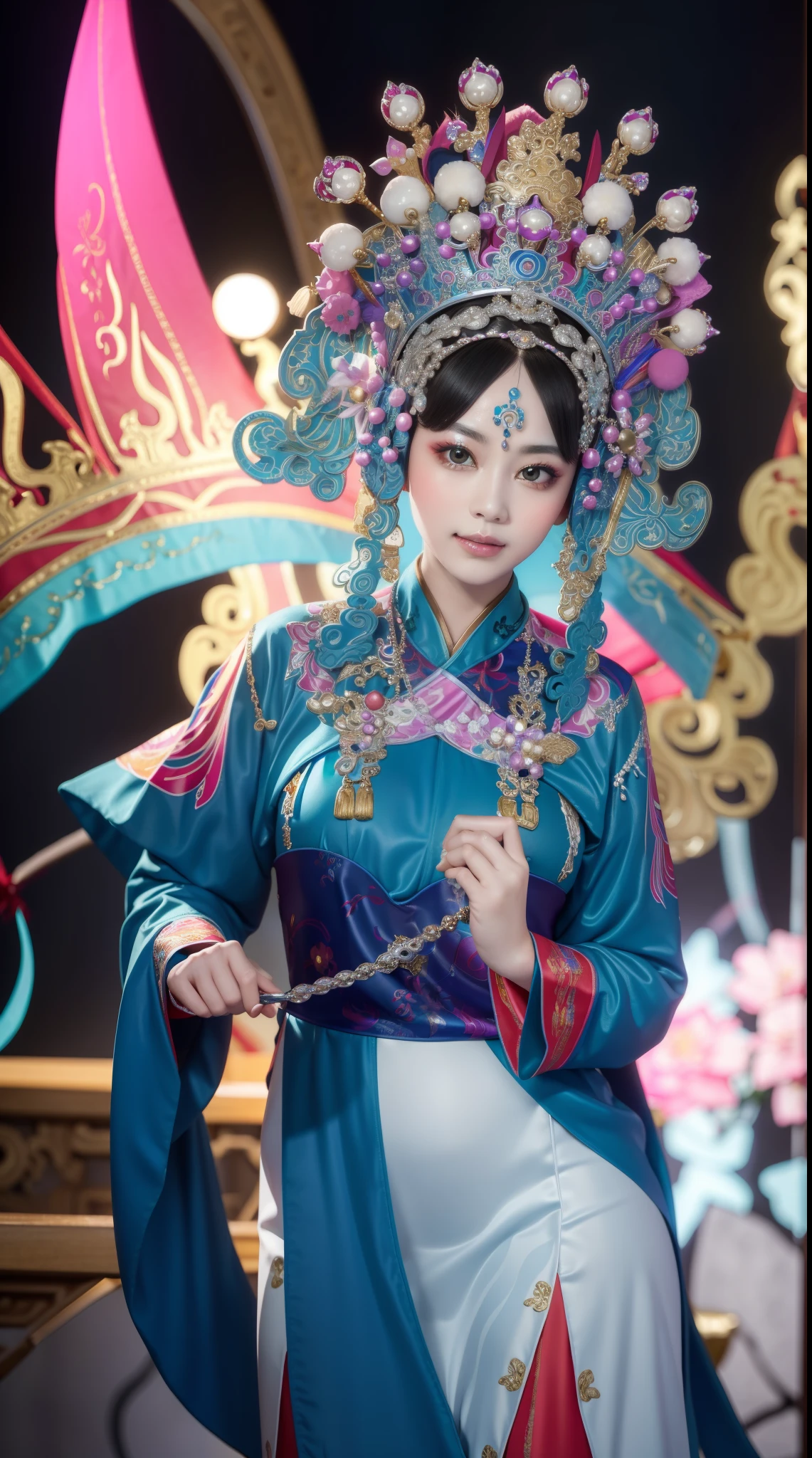 Masterpiece, Best quality, Masterpiece, Best quality, 1girll, beijing opera,tchibi，（tmasterpiece，top Quority，best qualtiy，offcial art，Beauty and aesthetics：1.2），（1girll：1.3），The is very detailed，（s fractal art：1.1），Most detailed，（ zentangle:1.2), full bodyesbian, (abstract backgrounds:1.3), (Shiny skin), (many color:1.4),