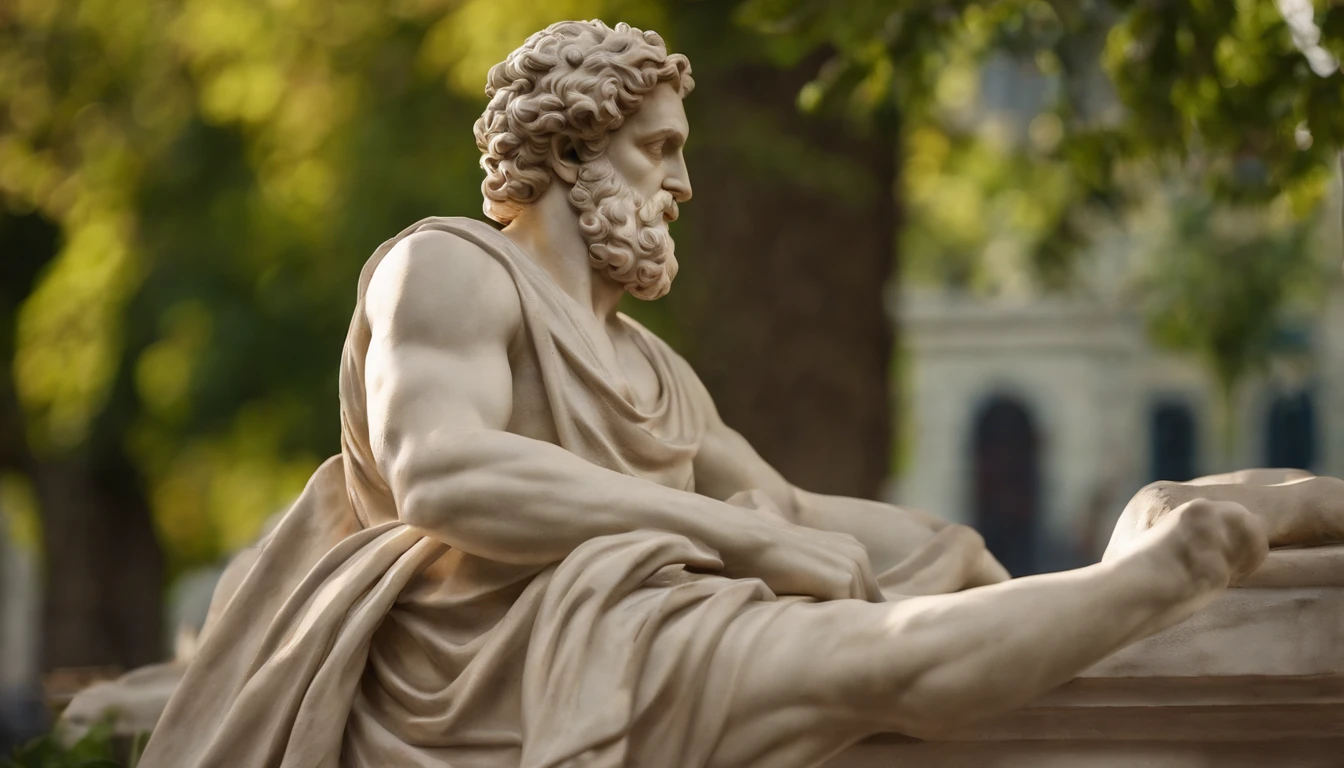 Muscular statue of Greek philosopher, barba grande, cinemactic, fundo escuro, 8k, ultra realistic, Scenario 2,000 years ago