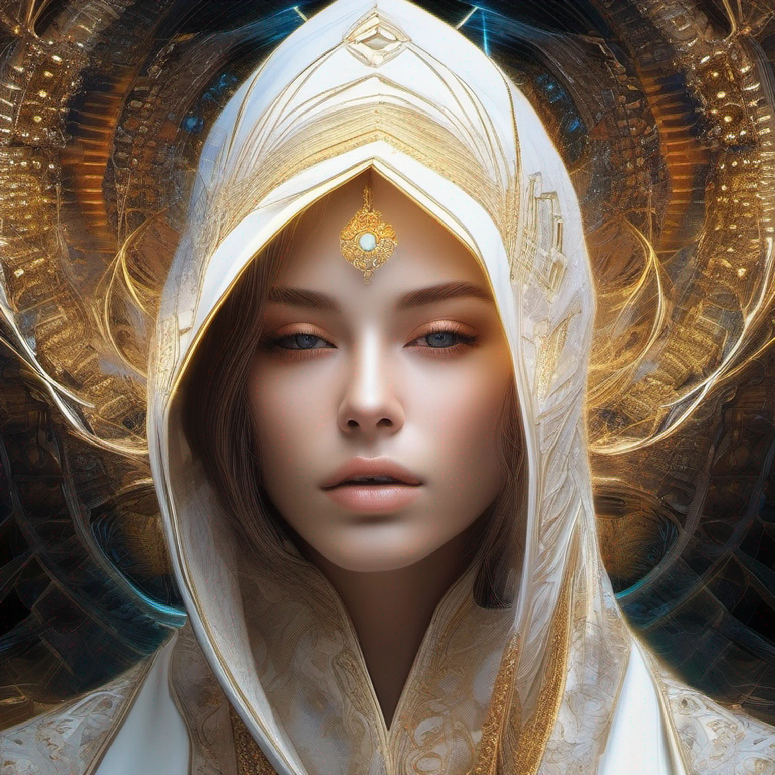 (masterpiece, top quality, best quality, official art, beautiful and aesthetic:1.2), (1girl), extreme detailed, (fractal art:1.3), colorful, highest detailed, perfect face, upper body, HDR, (praying:1.3), (white cloak golden lines:1.2), galaxy, (light streaks), striking visuals, (dynamic streaks, luminous trails:1.2), vibrant colors,