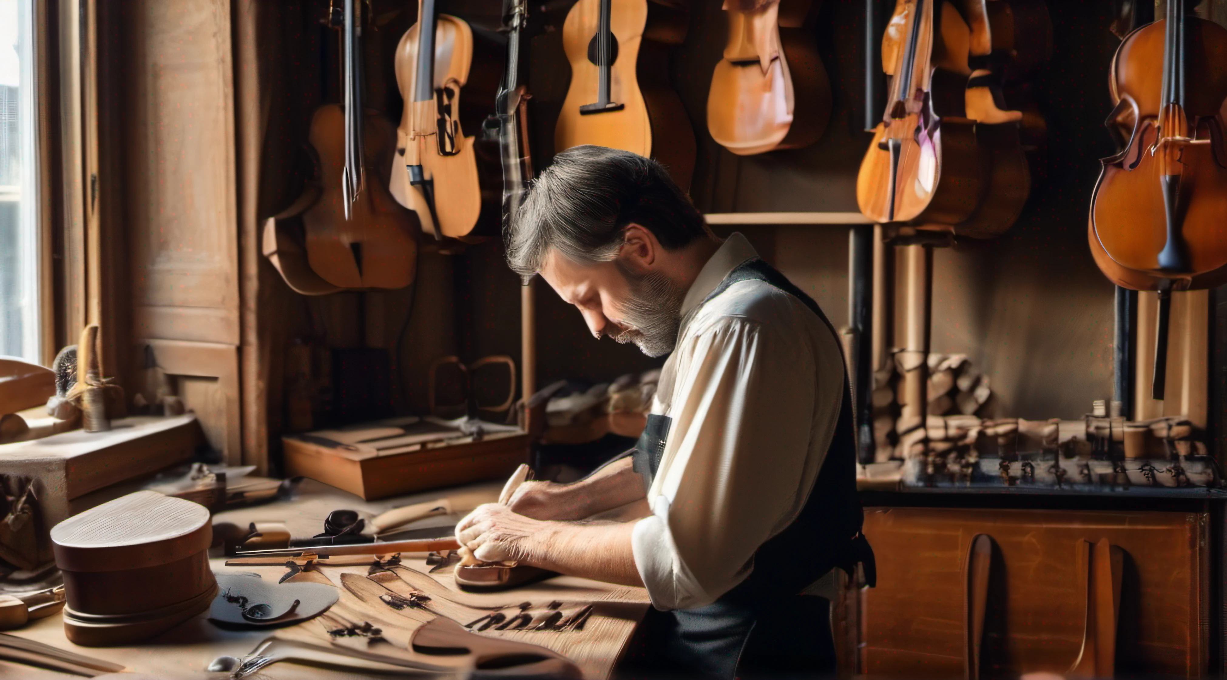 (A man (tall and thin), Luthier leaning over a violin at his workbench in the center of the photo). ((master piece, highly quality, high-definition, High Accuracy, beste-Qualit:1.2), 8k, Extremely detailed, Higher resolution)) A room where a luthier works. fabrication, Instrument repair and restoration (hanging on the wall) violons au murs, cello on the floor, guitars hanging on the walls). Small piece to promote the concentration and precision of the luthier in his work. Wood-clad walls and acoustic panels for better acoustics, Large windows for natural light. The room is filled with dust. (8k, Hdr, Top detail, photographie, Canon 5d4) In the center of the room is a solid wood workbench, sur lequel le luthier effectue travail. The workbench is equipped with vices to hold the instrument in place during repairs and construction. Le long des murs, There are shelves filled with specialized tools such as airplanes, des gouges, des calibres, des lime, des pinces et des brosses. The walls are also decorated with lute, de violon, guitar and photos of old instruments and reference models. Powerful and dusty lighting, in the form of adjustable halogen lamps, is suspended above the workbench to provide brightness, Focus sur les travaux en cours. The floor is usually carpeted to absorb noise and provide a comfortable environment during long working hours... Enfin, A cabinet or safe may be present to safely store valuable instruments and expensive materials.. The entire piece is designed to create an environment conducive to the creation and preservation of exquisite stringed instruments.....