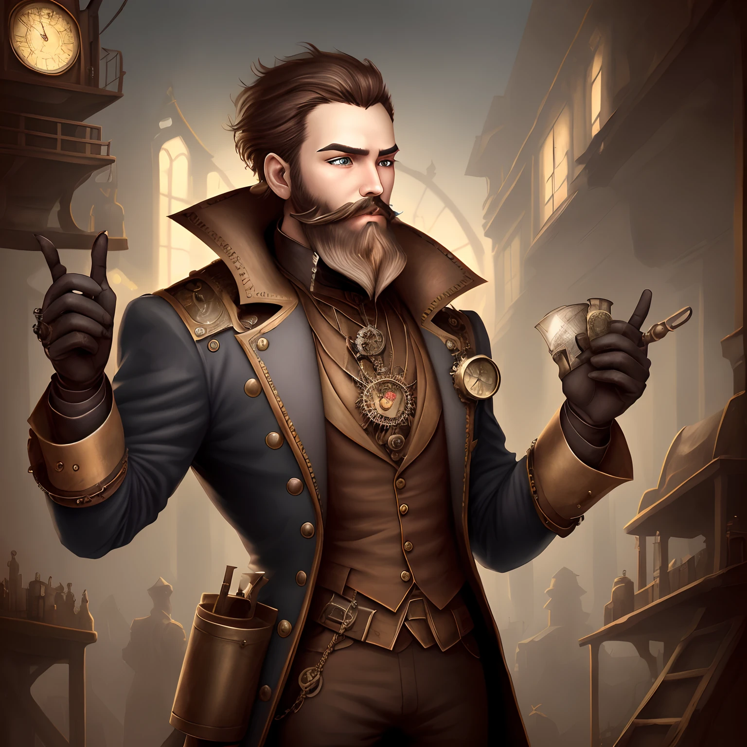 a pensive man seated on a toilet, with a contemplative expression, a galaxy in the background, style steampunk