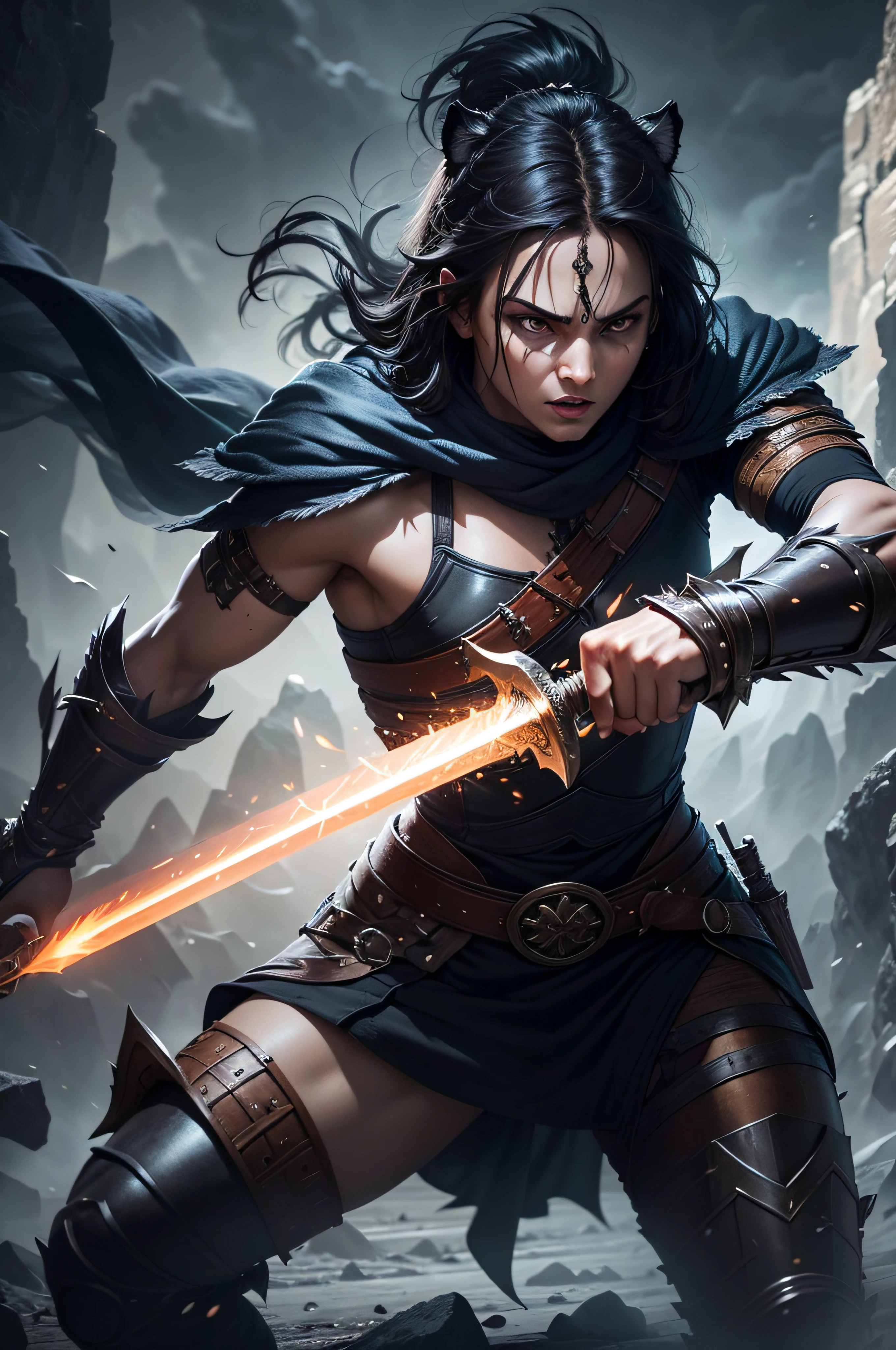 ((photo:1.2)), A tiger battle mage, sword and shild with runes, dramatic lighting, dynamic pose, dynamic camera,masterpiece, best quality, dark shadows, ((dark fantasy)), detailed, realistic, 8k uhd, high quality
