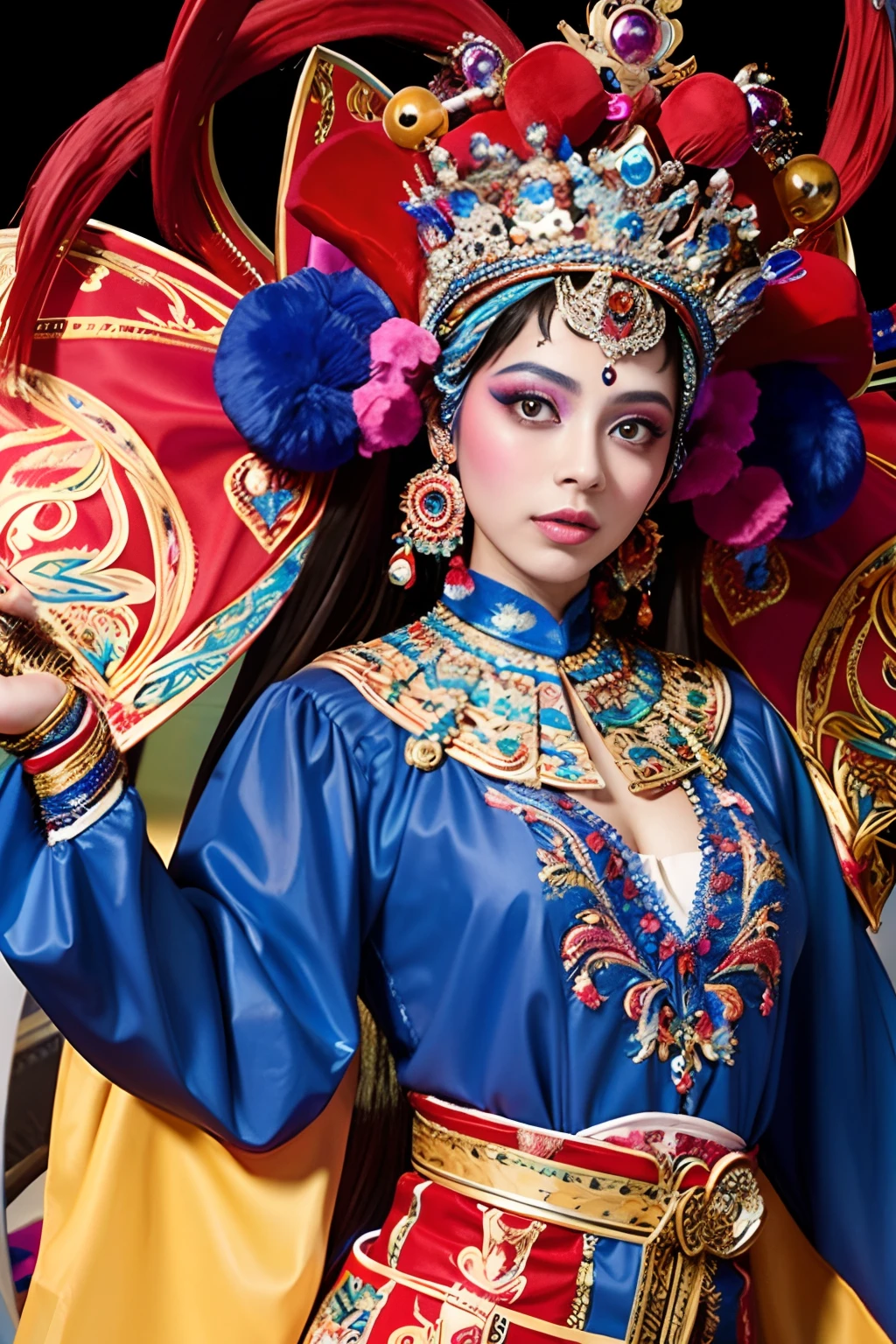 Beautiful detailed eyes, traditionalcostumes, Vivid colors, Dramatic lighting, Complex facial makeup, Delicate headgear, Elegant gestures, A gorgeous stage background, Decorative accessories，（tmasterpiece，top Quority，best qualtiy，offcial art，Beauty and aesthetics：1.2），（1girll：1.3），The is very detailed，（s fractal art：1.1），Most detailed，（ zentangle:1.2), full bodyesbian, (abstract backgrounds:1.3), (Shiny skin), (many color:1.4), ,(Earrings), (feater:1.5),