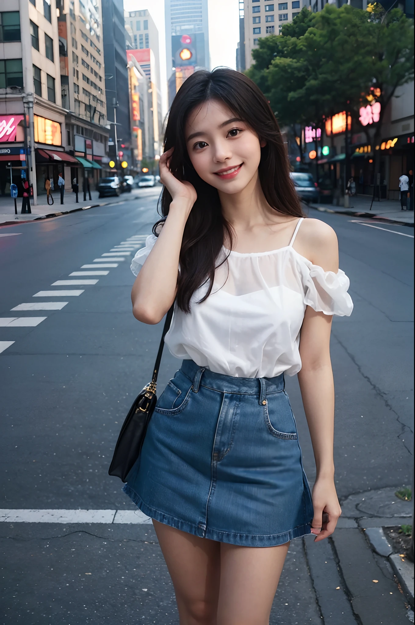 there is a woman that is standing on the sidewalk with her hand on her head, shot on canon eos r 5, shot on canon eos r5, she is wearing streetwear, lofi portrait, taken with canon eos 5 d mark iv, mid shot portrait, portrait of a japanese teen, portrait of female korean idol, anime style mixed with fujifilm, cowboy shot、bokeh dof:1.2、plein air、1980s\(styles\)、Vintage Details、A city scape、 1 Teenage girl,A fitted,独奏,(Bright smile:1.3),(1980s dresses,(See-through skirt:1.2)),(shortsleeves,off shoulders:1.1),dynamicposes,Look at viewers, (medium_breasts:1.2)、(floating_hair)、tiny_waist、(realistic_detailed_skin_texture:1.1)、good hand、pin-up、good feet、This scene is、Beautiful depth of field and a little blurry、Nostalgic background、Film Portrait Photography、35mm film、filmg、(8k、RAW Photography、top-quality、​masterpiece:1.2)、(realisitic、Photorealsitic:1.4)、超A high resolution、photon maping,Radio City,((Hasselblad photo)),physically-based renderingt,Professional Soft Writing,Facial light,
