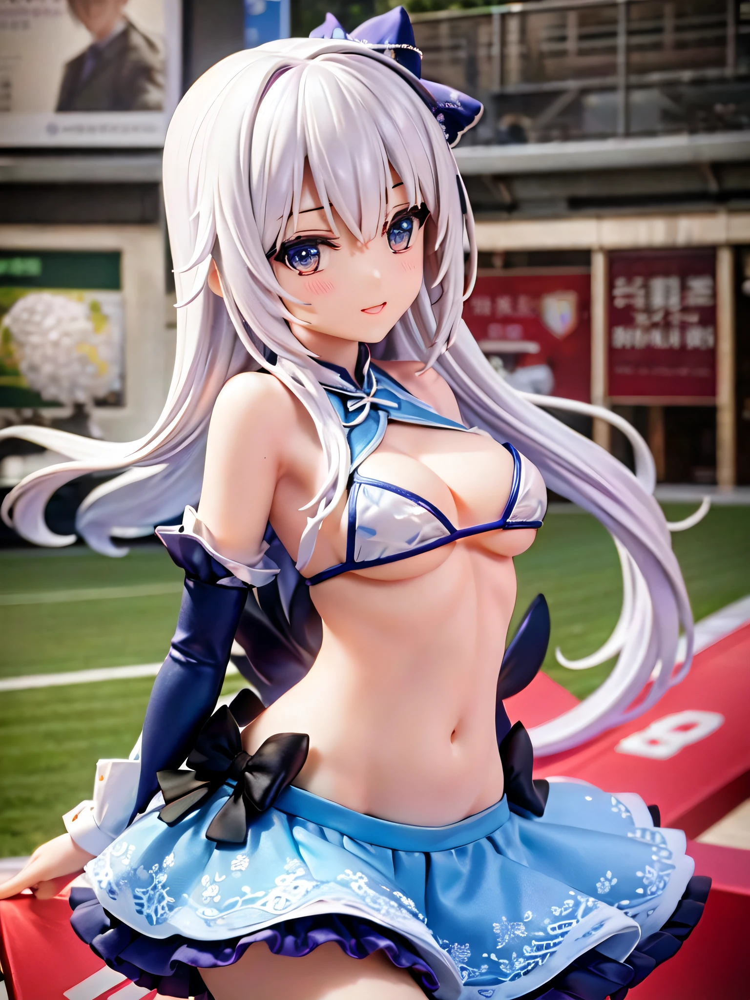 （Erotic Cheerleader:1.3）、(Outside the stadium:1.0)、(tiny chest:1.1)、extremely delicate and beautiful,visual impact, grow,The ultra -The high-definition, Raw photography, top-quality, hight resolution, (​masterpiece), (Photorealsitic:1.4), Anime Cosplay, foco nítido, nffsw,Unity 8k壁纸, intricate detailes, depth of fields,nffsw,amazing, contour deepening,front lit,（Oil Highlights：1.4）, girl with, beautiful countenance、Very detailed background,ssmile、(A slender:1.5)、see -through、Big cheerleader posing with pom-pom in hand、Micro Bikini Cheerleading