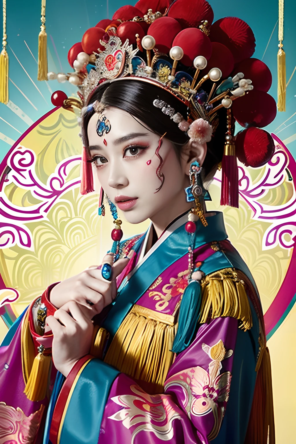 Woman in traditional Chinese costume，Phoenix crown，Chinese Ghost Festival，（tmasterpiece，top Quority，best qualtiy，offcial art，Beauty and aesthetics：1.2），（1girll：1.3），The is very detailed，（s fractal art：1.1），Most detailed，（ zentangle:1.2), full bodyesbian, (abstract backgrounds:1.3), (Shiny skin), (many color:1.4), ,(Earrings), (feater:1.5), inspired by Xie Huan, beijing opera, inspired by Chen Rong, flower mask, inspired by Wang Ximeng, inspired by Liu Jun, ruan jian, geisha mask, inspired by Zhang Wo, inspired by Wu Bin, Chinese art