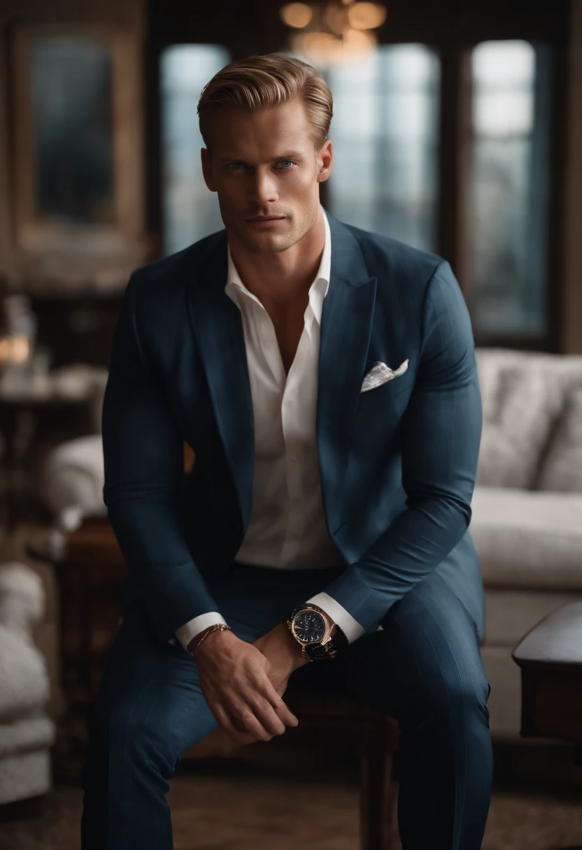 A young man,Handsome,well-muscled,Hairy body,white sock,Ultra-thin tights(Detailed eyes:1.3),Naked topless,Nudity Everywhere,Blue eyes,massive bulge,Black hairs protruding from the bulge, full body Esbian,Character sitting on a chair with arms raised, blond hair (short classy hair,), Nice Pose, Handsome man, Pretty Face, royal elegant pose, businessman, (In a striped blazer), (The surrounding environment is a luxurious and classic living room) (Sandtone imagery) Alexander Skarsgård face lookalike, Filip Lamprecht face lookalike, ultra realistic, royalty prince looking, old money aesthetic, Swedish looking, Joel Kinnaman lookalike, classy suit, Rolex, classic car in the background, royalty looking, wearing Ralph Lauren suit, Filip Lamprecht face lookalike