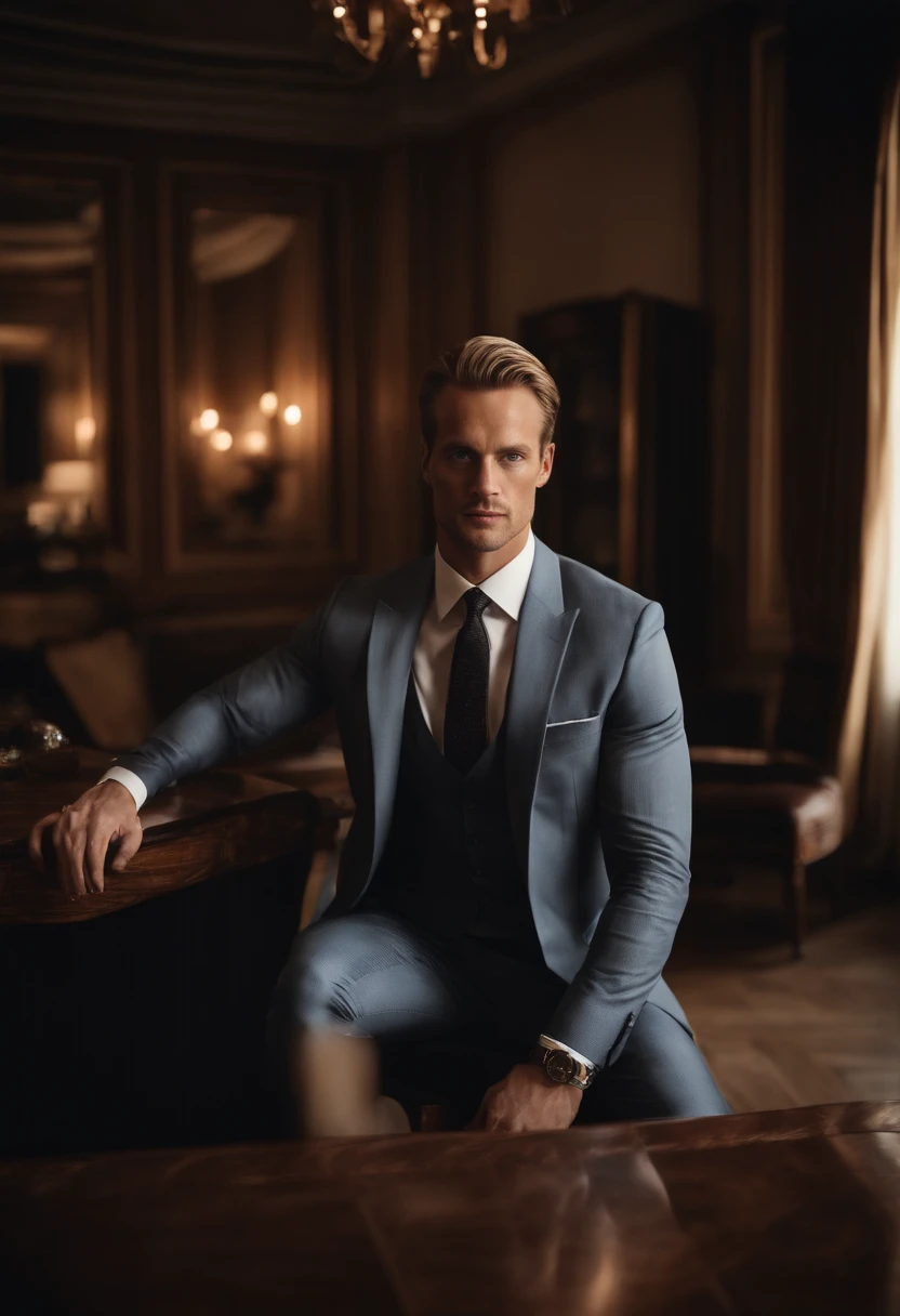 A young man,Handsome,well-muscled,Hairy body,white sock,Ultra-thin tights(Detailed eyes:1.3),Naked topless,Nudity Everywhere,Blue eyes,massive bulge,Black hairs protruding from the bulge, full body Esbian,Character sitting on a chair with arms raised, blond hair (short classy hair,), Nice Pose, Handsome man, Pretty Face, royal elegant pose, businessman, (In a striped blazer), (The surrounding environment is a luxurious and classic living room) (Sandtone imagery) Alexander Skarsgård face lookalike, Filip Lamprecht face lookalike, ultra realistic, royalty prince looking, old money aesthetic, Swedish looking, Joel Kinnaman lookalike, classy suit, Rolex, classic car in the background, royalty looking, wearing Ralph Lauren suit, Filip Lamprecht face lookalike