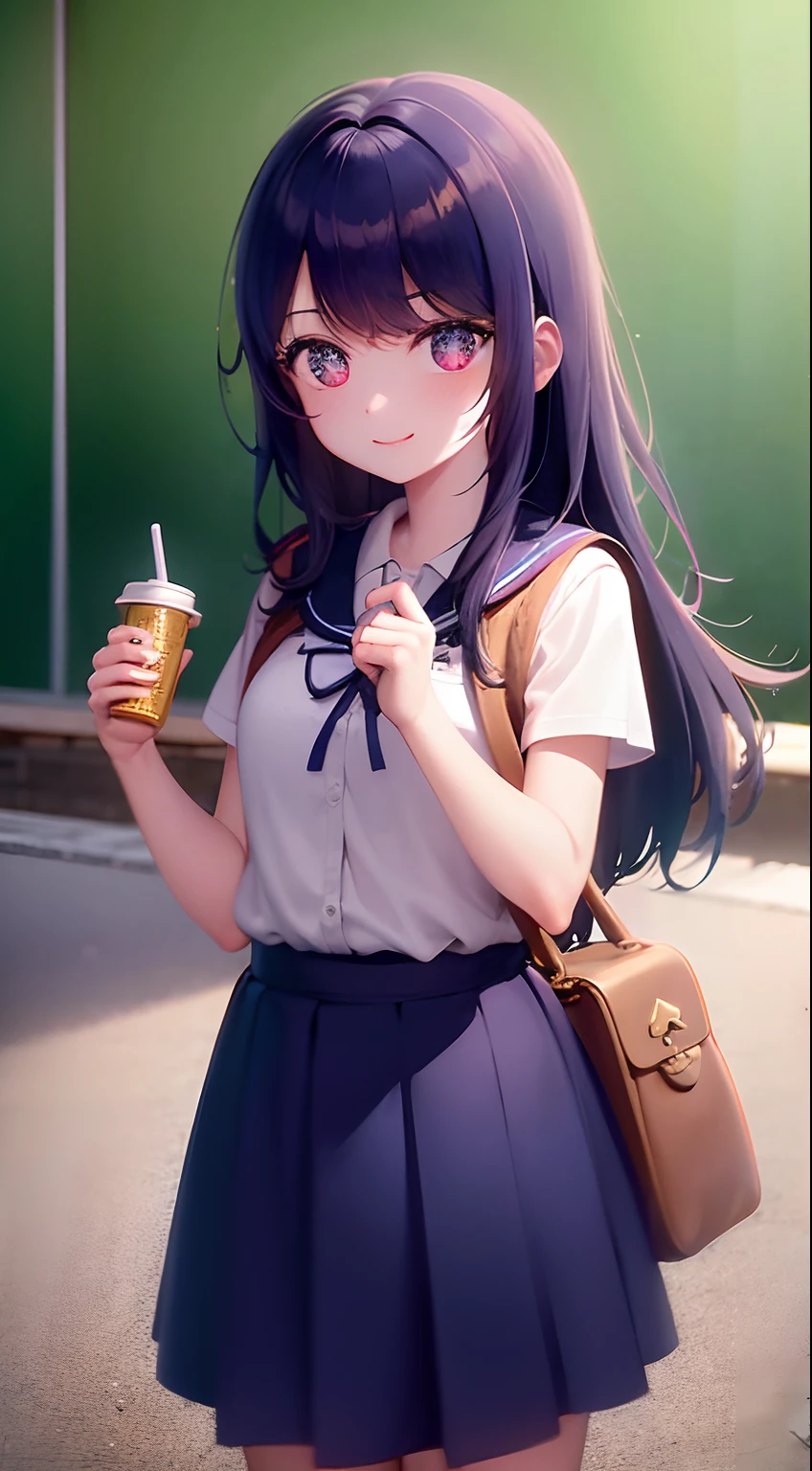 Obra maestra, La mejor calidad, Pupilas en forma de estrella, en la escuela, Uniforme de anime marinero escolar, Mochila con mochila, soleado, happy expression, sonriente, Cabello largo, cabello hacia abajo, cuerpo delgado, Armarios de pie