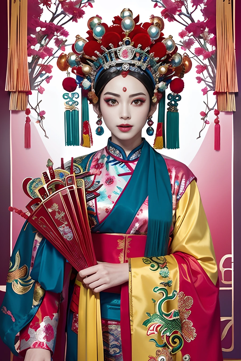 Woman in traditional Chinese costume，Phoenix crown，Chinese Ghost Festival，（tmasterpiece，top Quority，best qualtiy，offcial art，Beauty and aesthetics：1.2），（1girll：1.3），The is very detailed，（s fractal art：1.1），Most detailed，（ zentangle:1.2), full bodyesbian, (abstract backgrounds:1.3), (Shiny skin), (many color:1.4), ,(Earrings), (feater:1.5), inspired by Xie Huan, beijing opera, inspired by Chen Rong, flower mask, inspired by Wang Ximeng, inspired by Liu Jun, ruan jian, geisha mask, inspired by Zhang Wo, inspired by Wu Bin, Chinese art