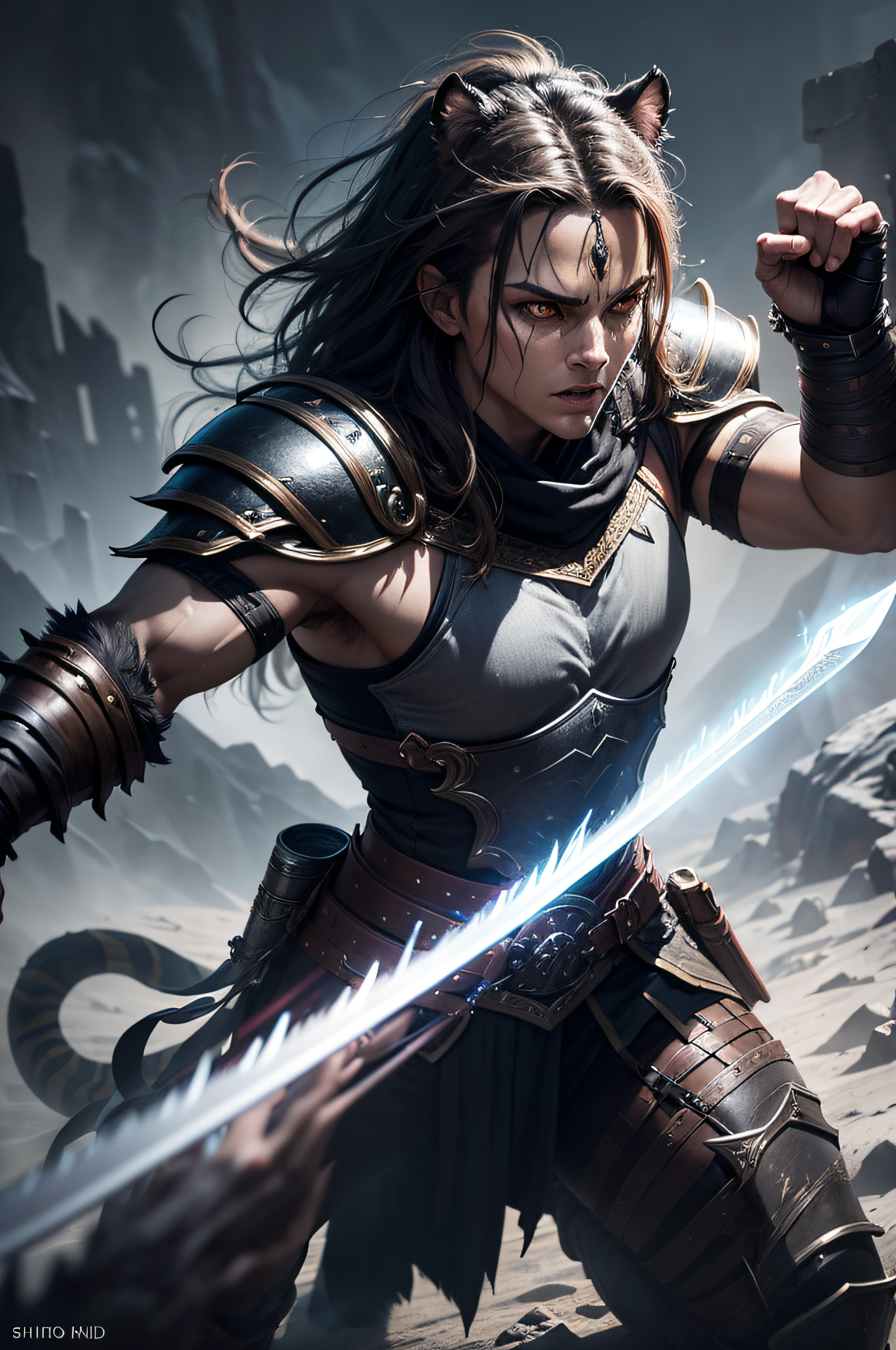 ((photo:1.2)), A tiger battle mage, sword and shild with runes, dramatic lighting, dynamic pose, dynamic camera,masterpiece, best quality, dark shadows, ((dark fantasy)), detailed, realistic, 8k uhd, high quality