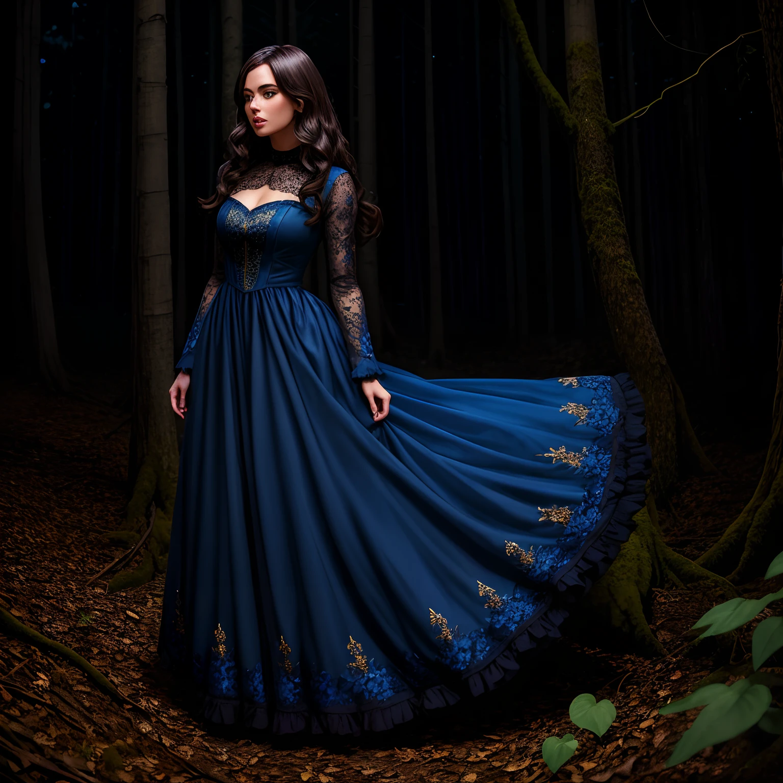 Model
Lyriel
brunette girl (( solo)) , with a face and body like Jenna Jenovich , dressed in a blue gothic dress , It stands in full growth against the background of the night forest , Her shoes are visible , Front light , The whole dress is embroidered , Very detailed golden patterns on the dress , Very beautiful night forest.