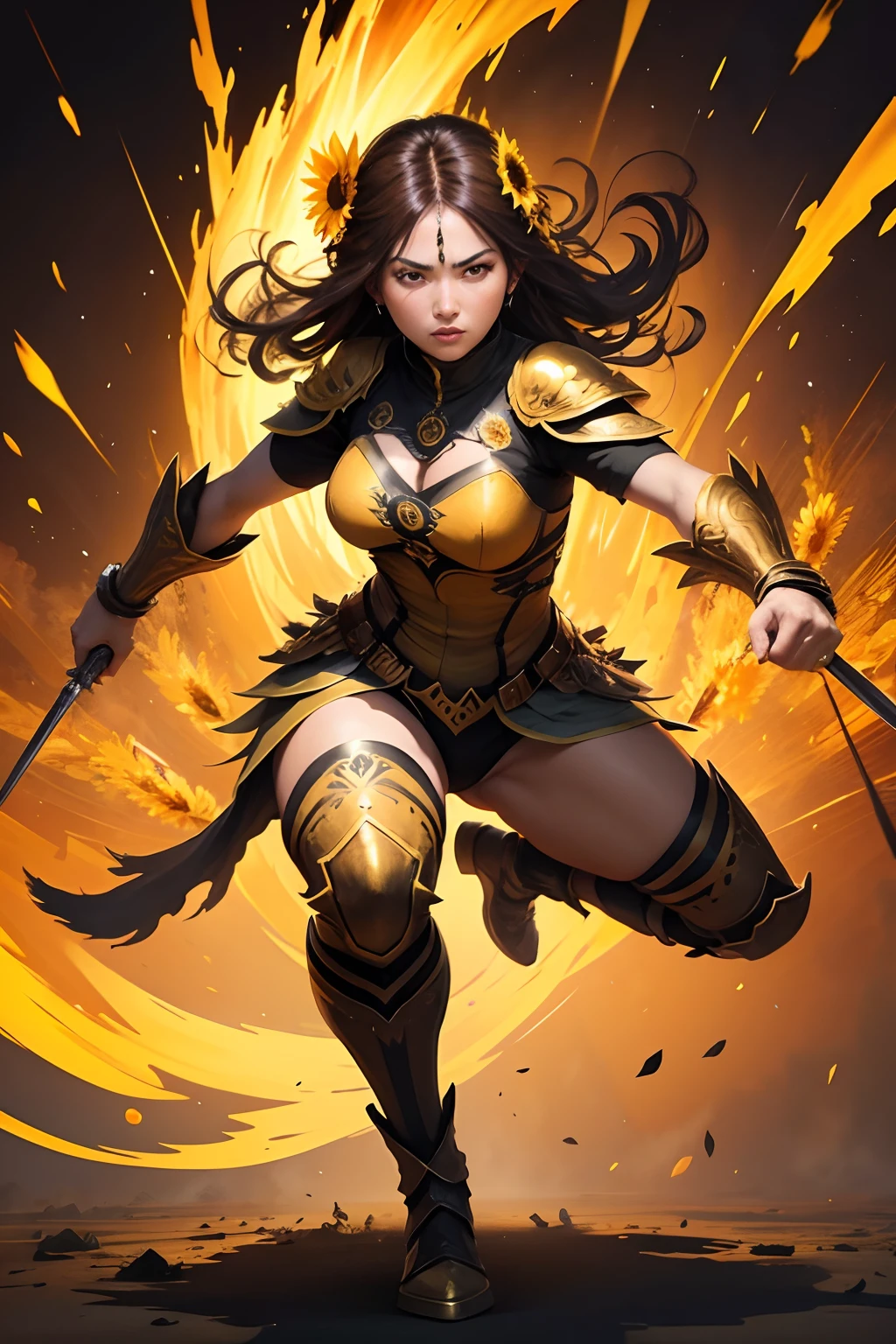 A fierce and powerful Roman female warrior stands resolutely amidst a battlefield, her expression determined and unwavering. She is clad in intricate bronze armor that gleams with a golden hue, including a detailed breastplate and pauldrons. Her helmet, adorned with a large, plume-like crest, adds to her imposing presence. The warrior holds a large, ornate shield with a sunburst design, its surface scarred from battle. Fiery embers float in the air around her, illuminating her flowing hair and the edges of her armor. The background hints at a smoky, war-torn environment, enhancing the dramatic atmosphere