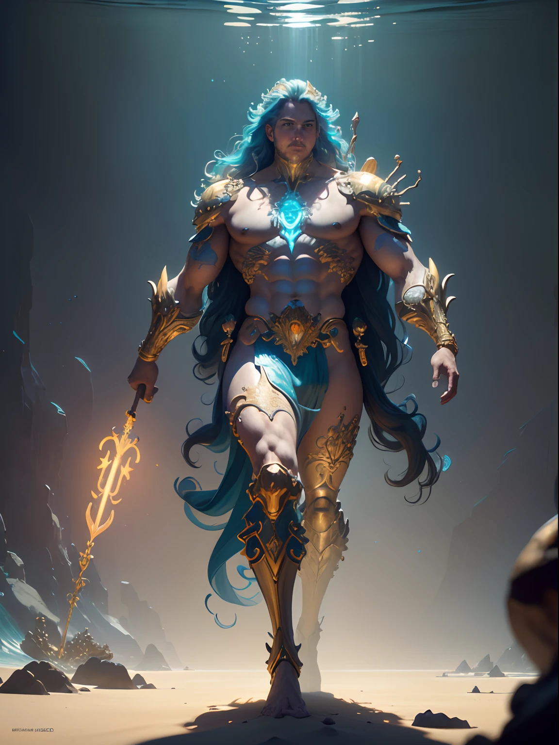 A full body portrait of a very strong and fitted mighty Triton under the sea, long waivy hair, with a neon Trident in his hand, acrylic painting, cgi, hyperrealistic, magical, mythological king, beach environment, futuristic city environment, futuristic environment holding a neon trident, golden skin, standing, background (ornate palace fantasy, intricate, elegant, highly detailed, digital painting, art station, concept art, soft, clear focus, illustration, artwork by Gaston Bussiere and Alphonse Mucha, panorama, UHD, masterpiece, ccurate, textured skin, super detail, high details, high quality, highres, best quality, award winning, 8k, cinematic lighting