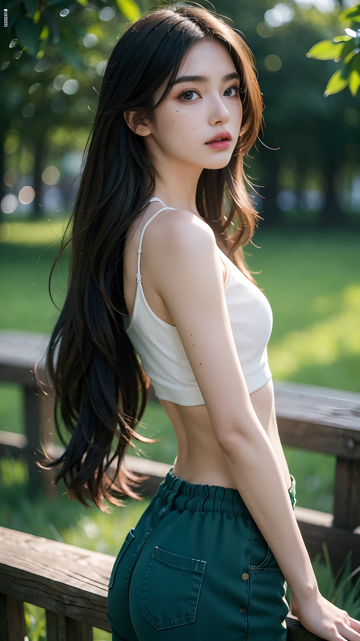 hyperrealistic, illustration, high resolution, 8K, extremely detailed, best illustration, beautiful detailed eyes, best quality, super detailed, masterpiece, wallpaper, detailed face, solo, 1 girl, blue wavy hair, korean, heterochromic eyes, small moles under the eyes, blue t-shirt top, bare shoulders, pants underneath, tight abs, chest leakage, background park, attractive pose, back pose,