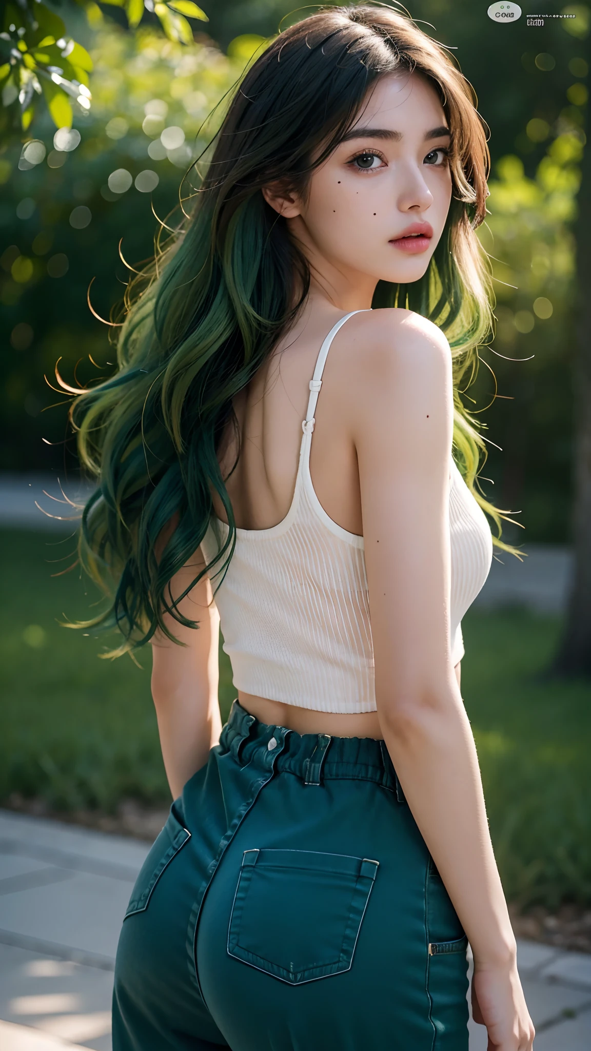 hyperrealistic, illustration, high resolution, 8K, extremely detailed, best illustration, beautiful detailed eyes, best quality, super detailed, masterpiece, wallpaper, detailed face, solo, 1 girl, green wavy hair, korean, heterochromic eyes, small moles under the eyes, green t-shirt top, bare shoulders, pants underneath, tight abs, chest leakage, background park, attractive pose, back pose,