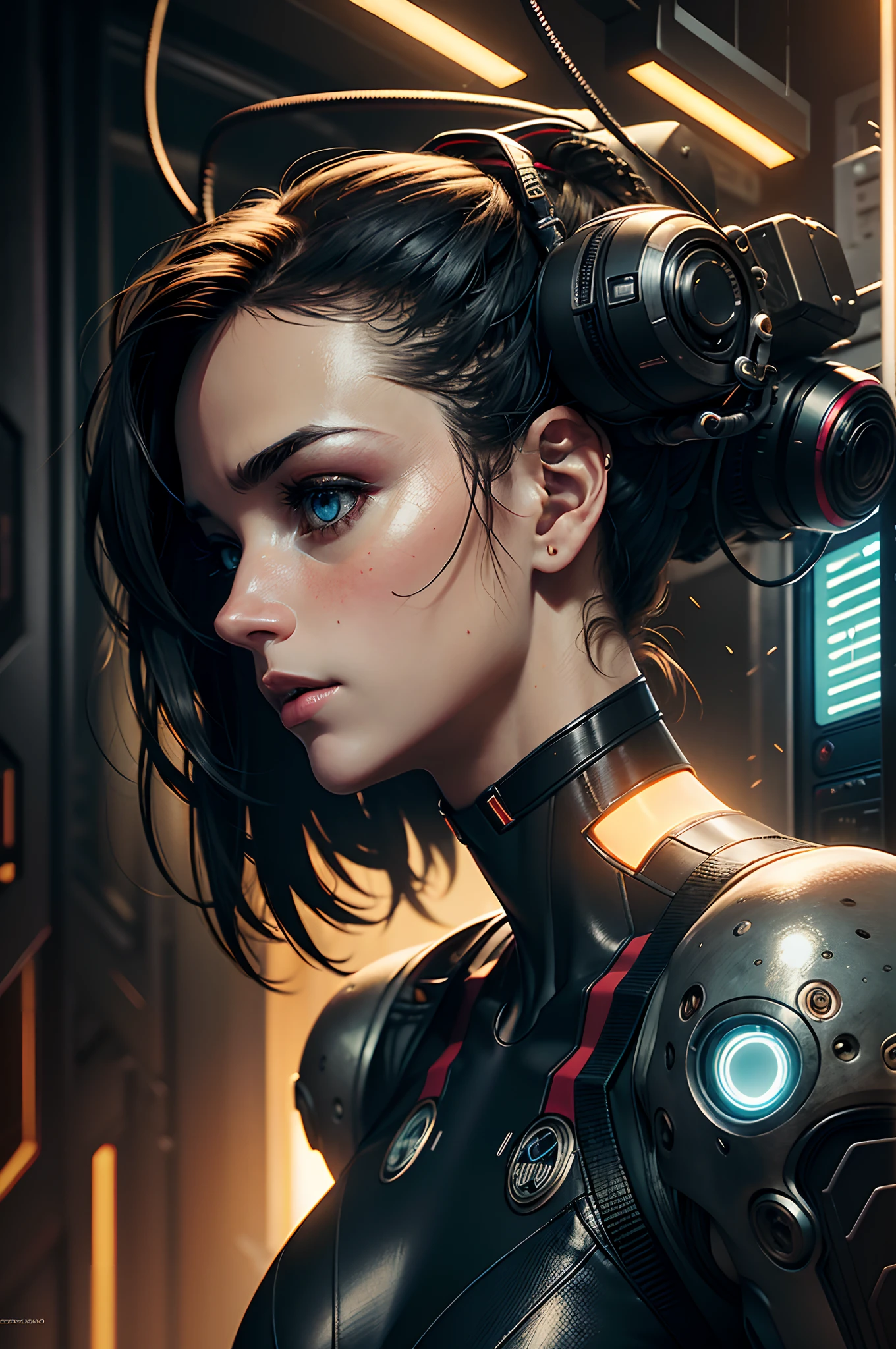 a woman with long hair and a futuristic outfit, portrait beautiful sci - fi girl, dreamy cyberpunk girl, beutiful girl cyborg, 4k highly detailed digital art, beautiful digital artwork, wlop. scifi, beautiful cyberpunk girl face, cyborg girl, cyborg - girl, 4k detailed digital art, cute cyborg girl, artgerm julie bell beeple