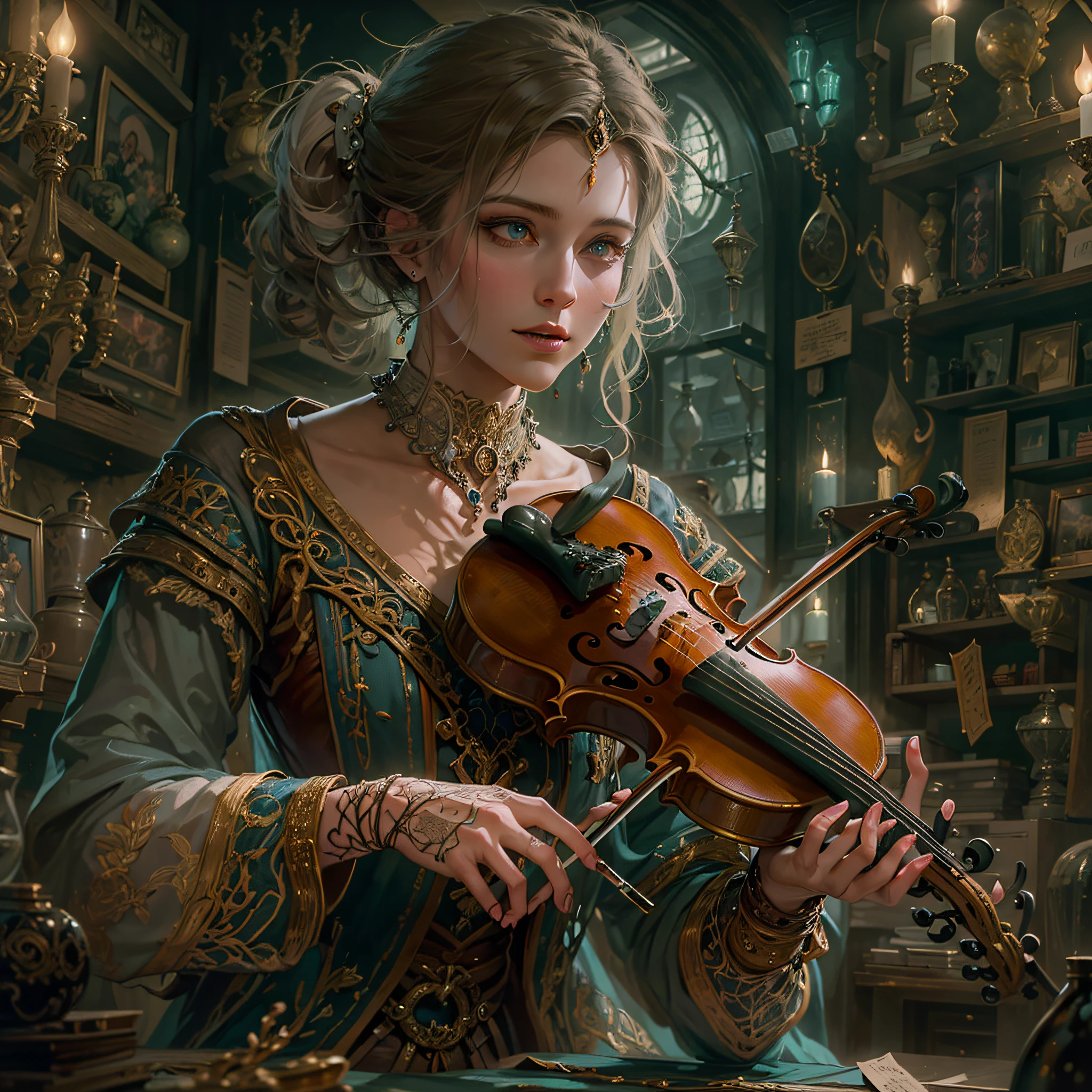 high details, best quality, 8k, [ultra detailed], masterpiece, best quality, (extremely detailed), full body, ultra wide shot, photorealistic, RAW, fantasy art, dnd art, fantasy art, realistic art, octane rendering, an ultra wide, full body, a picture  of a human female  (1.5 intricate details, Masterpiece, best quality) fantasy bard, fantasy enchanter,  playing a (violin: 1.5)  and enchanting people in a tavern with magical song, colorful clothes, dynamic clothing, epic beautiful female human [[anatomically correct]] bard (1.5 intricate details, Masterpiece, best quality), dynamic hair, tavern full of crowd, many people (1.5 intricate details, Masterpiece, best quality), bard playing violin and enchanting audience (1.5 intricate details, Masterpiece, best quality), candles light, fantasy chandelier, magical notes, magical runes in the air (1.5 intricate details, Masterpiece, best quality), V0id3nergy