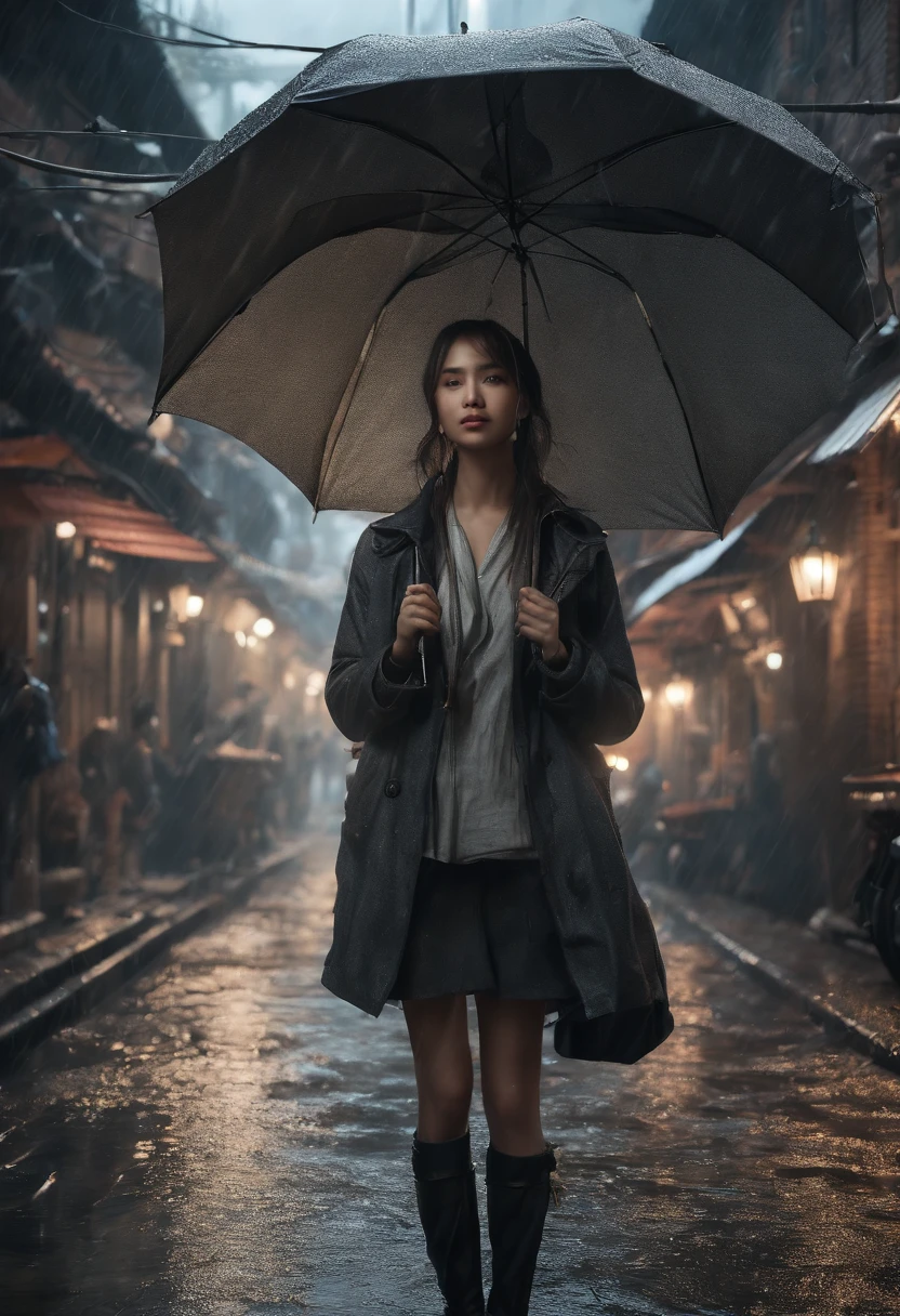 (extremely detailed CG unity 16k wallpaper:1.1), (Denoising strength: 1.45), (tmasterpiece:1.37), (Kowloon Walled City), (((extremely detailed))), ((ultra-detailed)), flowing, Telegraph Pole, solo, 1girl, bnematic lighting, vest, (Delicate face)(rain), (girl hold an umbrella), grey sky, lonely, (city), beautiful detailed eyes, detailed wet clothes, blank stare, dynamic angle, umbrella, expressionless, wet, alley, swirl, ((illustration)), god rays, sparkle, glowing light, ((masterpiece)), (((best quality)))