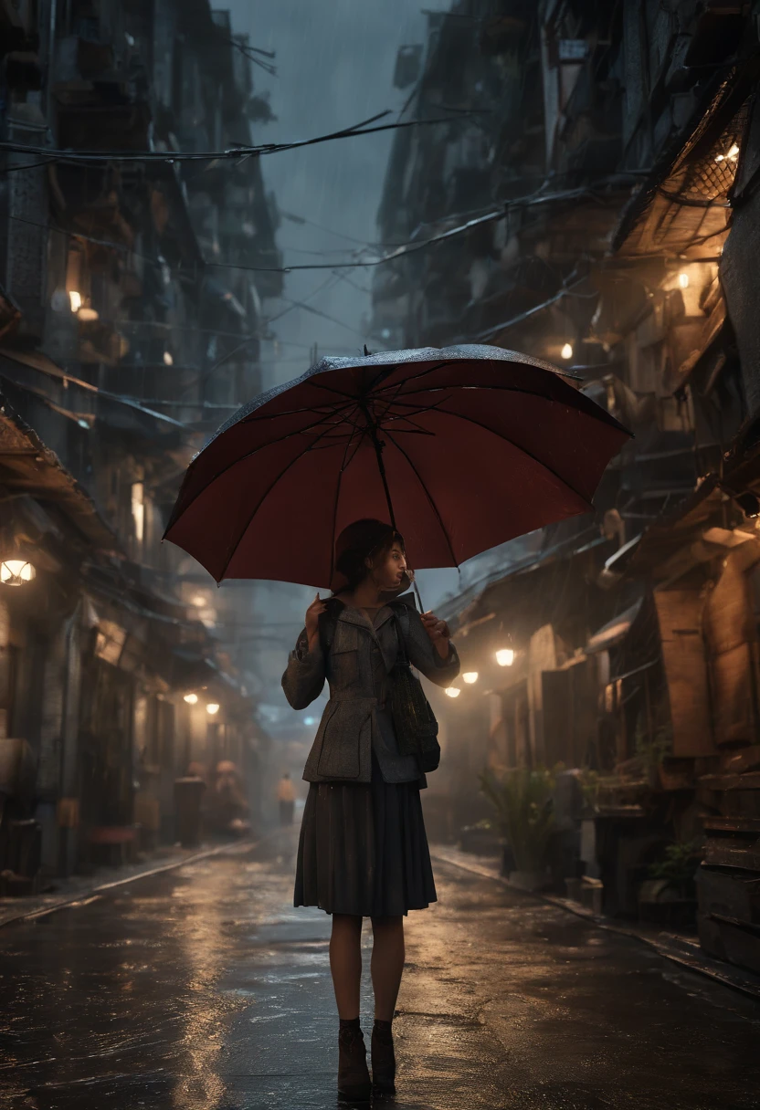 (extremely detailed CG unity 16k wallpaper:1.1), (Denoising strength: 1.45), (tmasterpiece:1.37), (Kowloon Walled City), (((extremely detailed))), ((ultra-detailed)), flowing, Telegraph Pole, solo, 1girl, bnematic lighting, vest, (Delicate face)(rain), (girl hold an umbrella), grey sky, lonely, (city), beautiful detailed eyes, detailed wet clothes, blank stare, dynamic angle, umbrella, expressionless, wet, alley, swirl, ((illustration)), god rays, sparkle, glowing light, ((masterpiece)), (((best quality)))