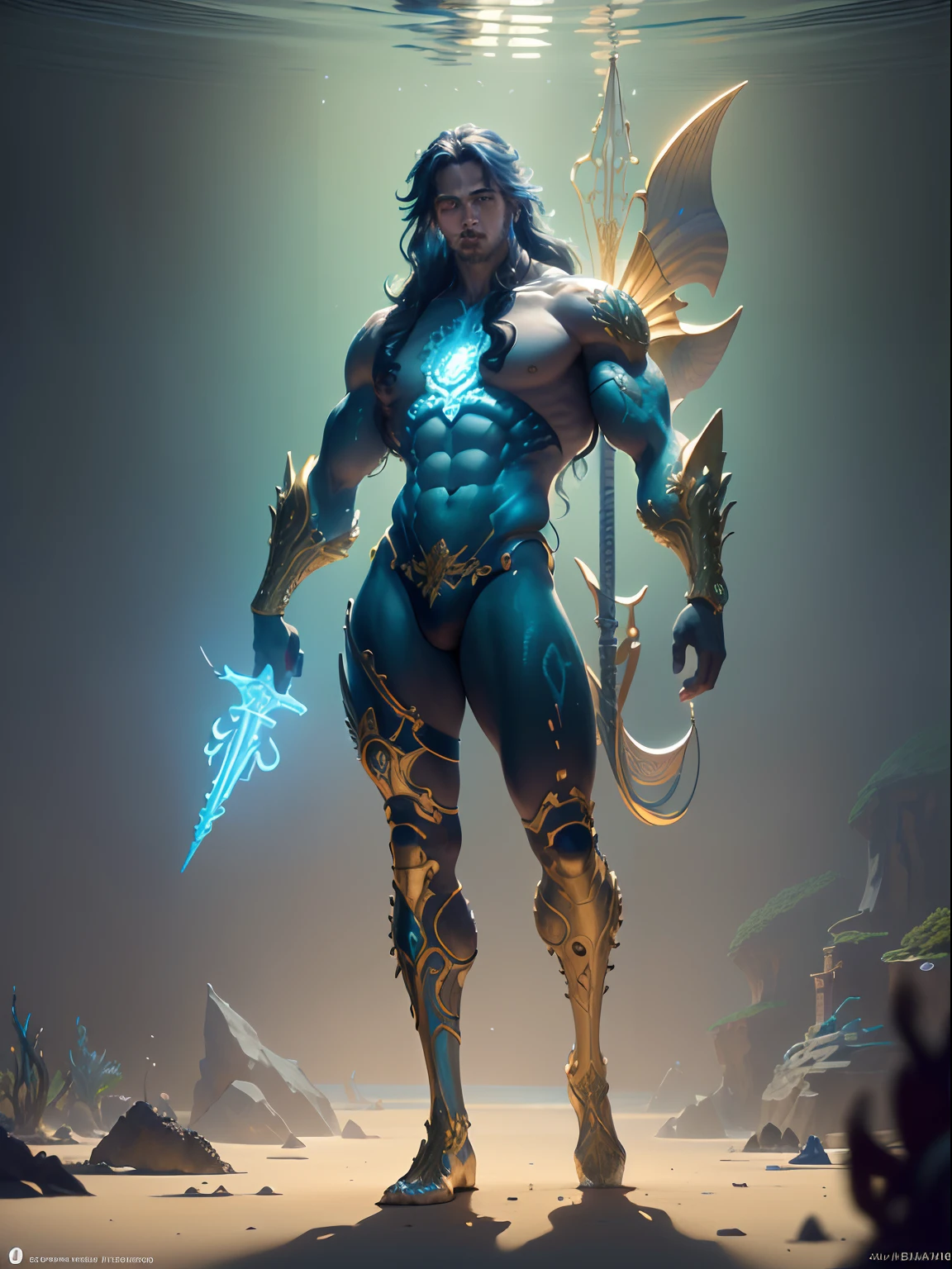 A full body portrait of a very strong and fitted mighty Triton under the sea, long waivy hair, with a neon Trident in his hand, acrylic painting, cgi, hyperrealistic, magical, mythological king, beach environment, futuristic city environment, futuristic environment holding a neon trident, golden skin, standing, background (ornate palace fantasy, intricate, elegant, highly detailed, digital painting, art station, concept art, soft, clear focus, illustration, artwork by Gaston Bussiere and Alphonse Mucha, panorama, UHD, masterpiece, ccurate, textured skin, super detail, high details, high quality, highres, best quality, award winning, 8k, cinematic lighting