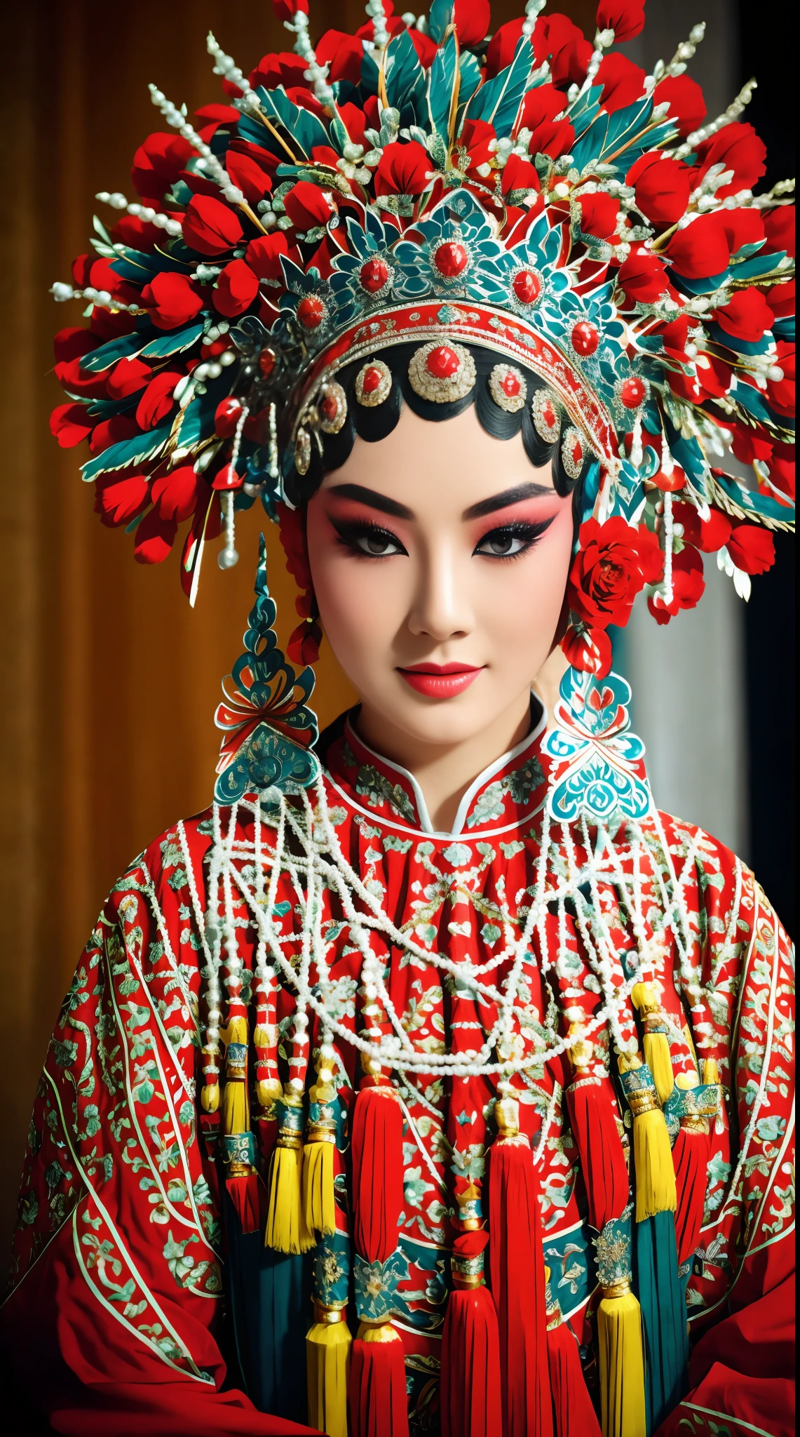 Beautiful detailed eyes, traditionalcostumes, Vivid colors, Dramatic lighting, Complex facial makeup, Delicate headgear, Elegant gestures, A gorgeous stage background, Decorative accessories