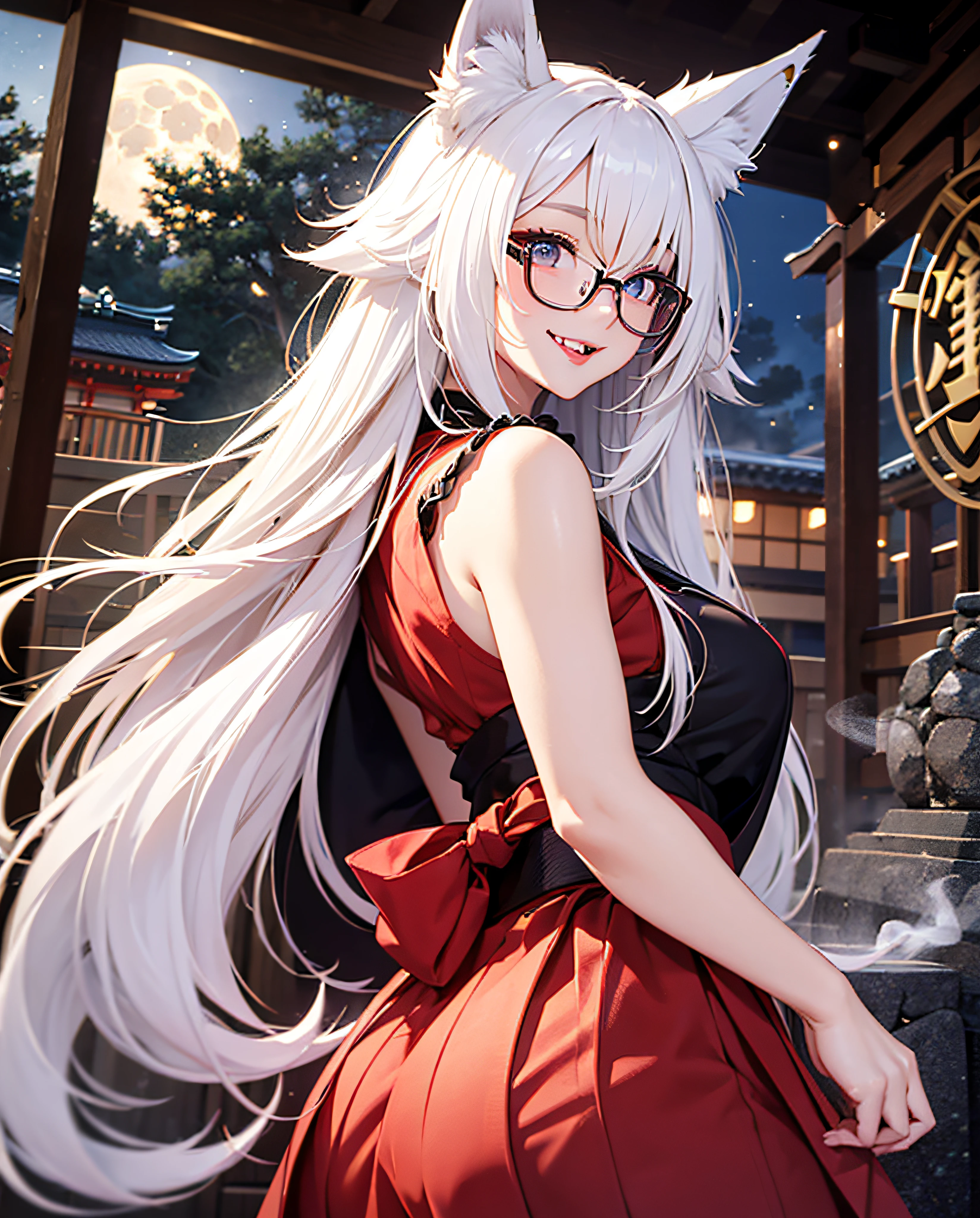 16K Ultra High Definition Top Quality Glamorous Fox Girl Super Big Big Ass Super Detail Super Real Body、White fox ears、Shiny Detailed Hair Texture White Long Beautiful Hair Sly Smile Cute Fangs and Pink Tongue.She wears a black hakama with the costume of a shrine priestess.、Wear only white Japan clothes and perform a red stranglehold.。Wearing red-rimmed glasses。Nine thick white tails extending from the buttocks Bewitching smoke covering the surroundings The background is a Japanese-style room at night where you can see the moon from the window