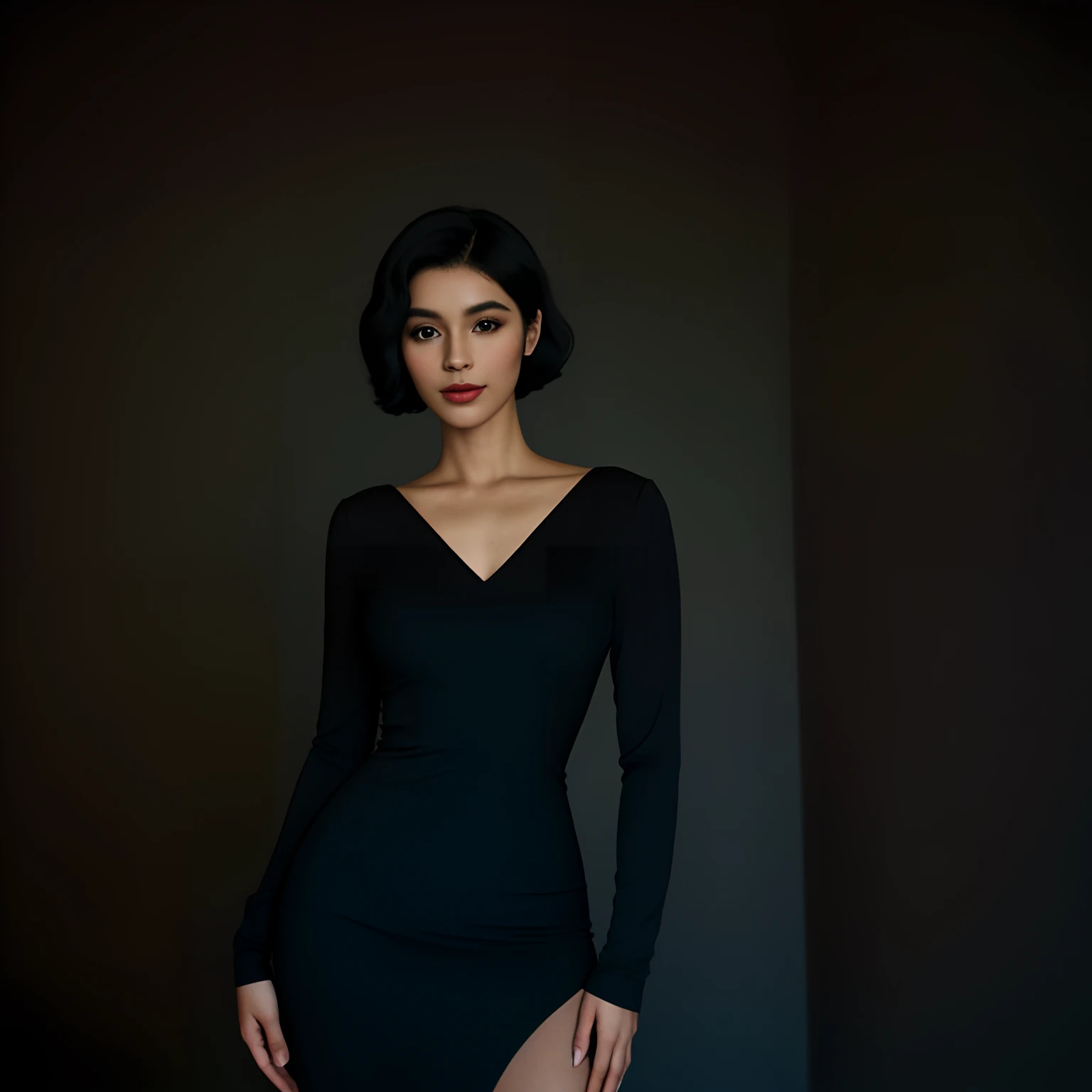 Alizee Jacotey, slim 16-year-old ager, small breasts (small bust: 1.2), slim build, narrow hips, skinny legs, short black pageboy hair, photo quality, eye shadow and lipstick, portrait pose, poses for photos in the French Louvre museum (museum of art and pictures: 1.2), she is wearing a long, elegant black evening dress, her lips are parted, it is evening, she is looking around, posing. The whole silhouette is visible