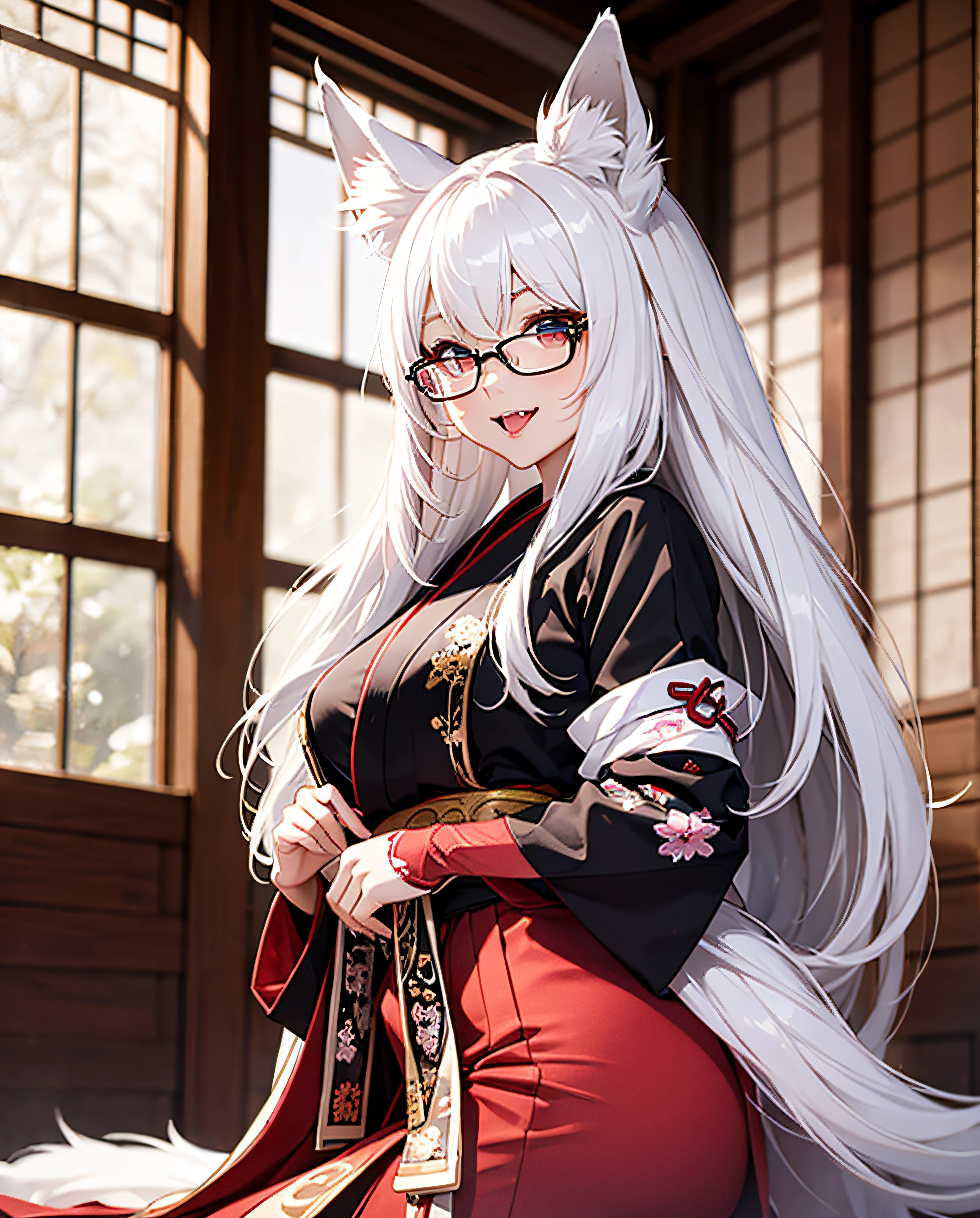 16K Ultra High Definition Top Quality Glamorous Fox Girl Super Big Big Ass Super Detail Super Real Body、White fox ears、Shiny Detailed Hair Texture White Long Beautiful Hair Sly Smile Cute Fangs and Pink Tongue.She wears a black hakama with the costume of a shrine priestess.、Wear only white Japan clothes and perform a red stranglehold.。Wearing red-rimmed glasses。Nine thick white tails extending from the buttocks Bewitching smoke covering the surroundings The background is a Japanese-style room at night where you can see the moon from the window