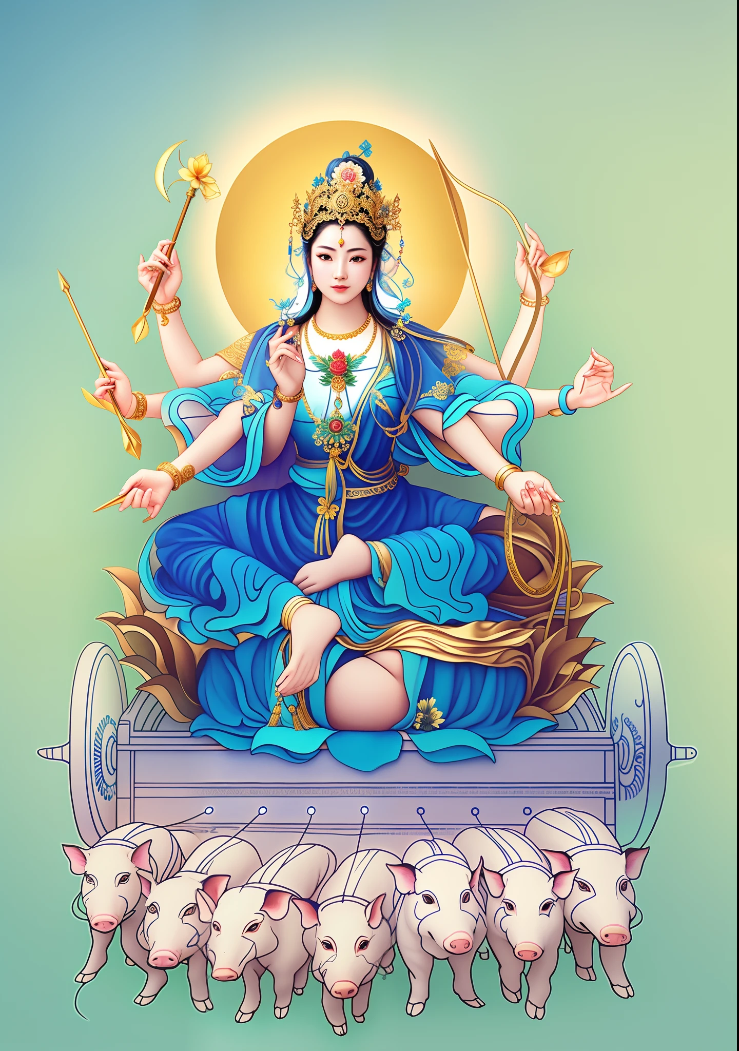 Three-sided eight-armed female bodhisattva，sitting on a rook，Eight hands hold various magic weapons，There are seven piglets pulling the cart side by side in front of the car，Bodhisattvas have round light，Light，Blue sky in the background，Moon on the left，Sun on the right，Brighter，Positive light，The light is uniform and bright，The characters are bright and natural，Photographic techniques，