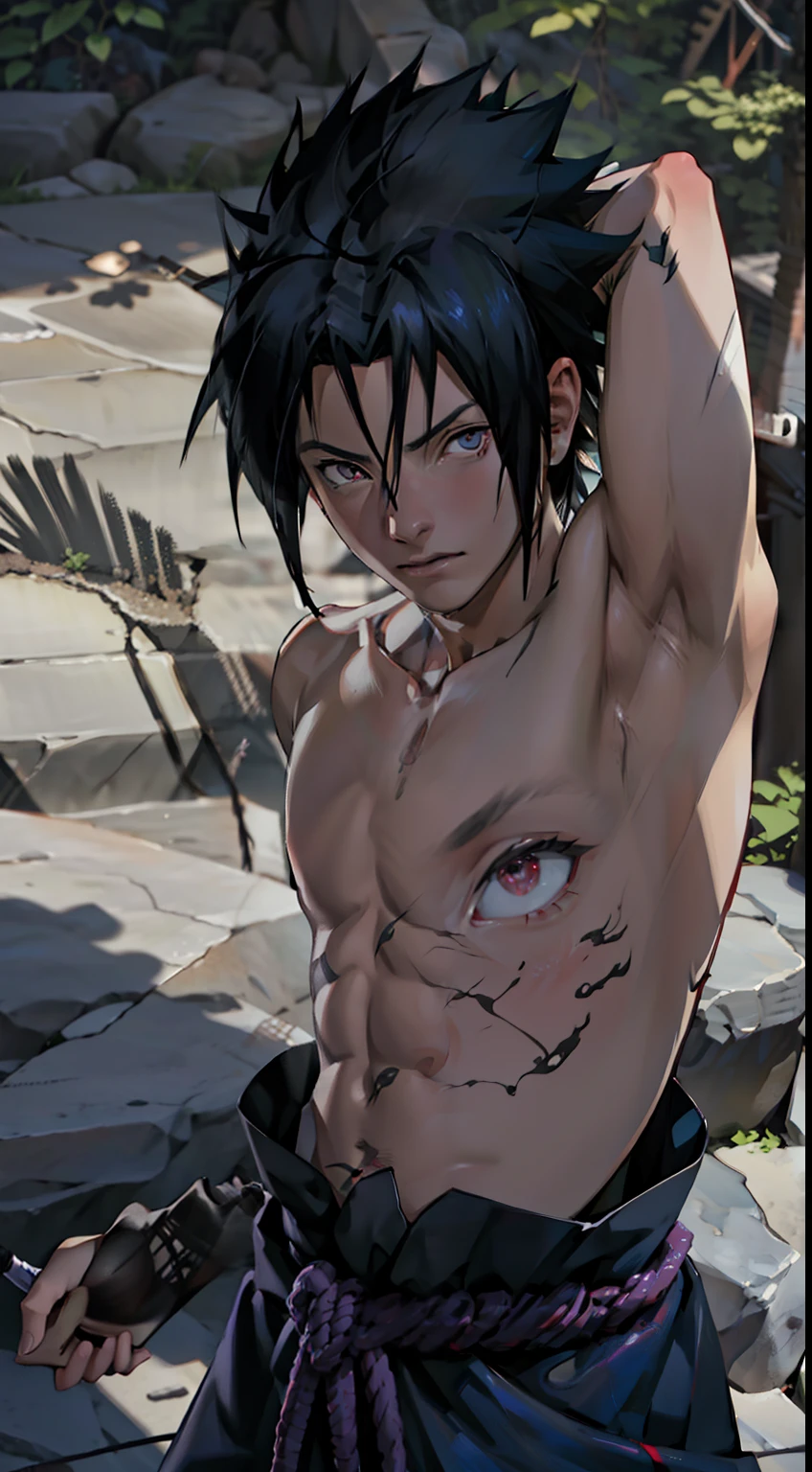 Sasuke Uchiha, (showing armpit), shirtless, in leaf village, masterpiece, best quality, ultra quality, absurd details, best light, best shadow, sharp, sharp picture, detailed face, detailed eyes, detailed hair, detailed, extremely detailed, great resolution, 8k, 4k, uhd, ray tracing