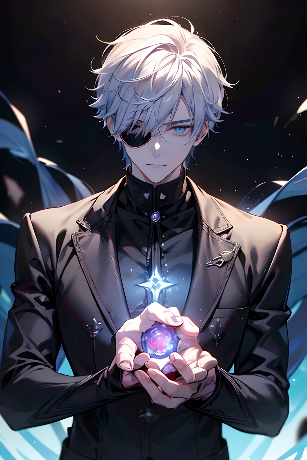 One Man,((high detailing、Cinematic lighting))、messy white hair、Aquamarine eyes、White eyelashes、God Light、Ray tracing、Shadowing、Black sunglasses,The upper part of the body、Looking at the camera、masutepiece、((Super Detail、Best Quality、8K))、Jujutsu Kaisen、Gojo Gojo、Black Turtle Plain Costume、Start of surgery、Perfect black background、serene expressions、Formidable existence、Enigmatic atmosphere、(Strange moonshine、ominous shadows、 Intense blue aura、 Rich red glow、Symbolizes the power around him、Radiating magical energy、Mystical artifacts、Ether-like granules、dynamicposes、Epic soundtrack、(((Detailed hand)))、Lunette de soleil