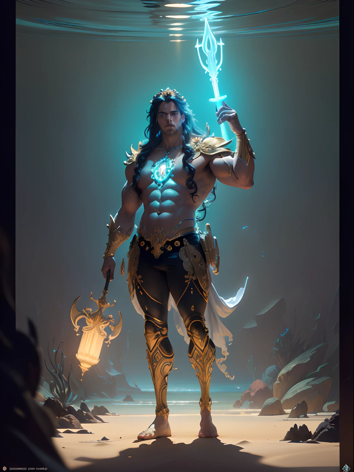 A full body portrait of a very strong and fitted mighty Triton under the sea, long waivy hair, with a neon Trident in his hand, acrylic painting, cgi, hyperrealistic, magical, mythological king, beach environment, futuristic city environment, futuristic environment holding a neon trident, golden skin, standing, background (ornate palace fantasy, intricate, elegant, highly detailed, digital painting, art station, concept art, soft, clear focus, illustration, artwork by Gaston Bussiere and Alphonse Mucha, panorama, UHD, masterpiece, ccurate, textured skin, super detail, high details, high quality, highres, best quality, award winning, 8k, cinematic lighting