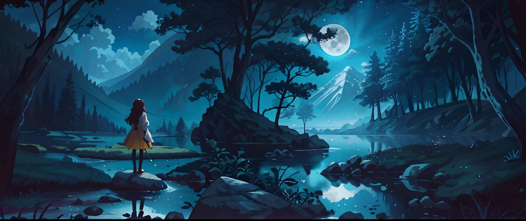 There is a woman standing on a rock looking at the moon, Anime Art Wallpaper 8K, Anime Art Wallpaper 4K, Anime Art Wallpaper 4K, noite calma. digital illustation, Arte bonita UHD 4K, Arte digital detalhada em 4k, arte de fundo, Arte digital altamente detalhada em 4k, Papel de parede de arte conceitual 4K, 4K HD papel de parede ilustrativo