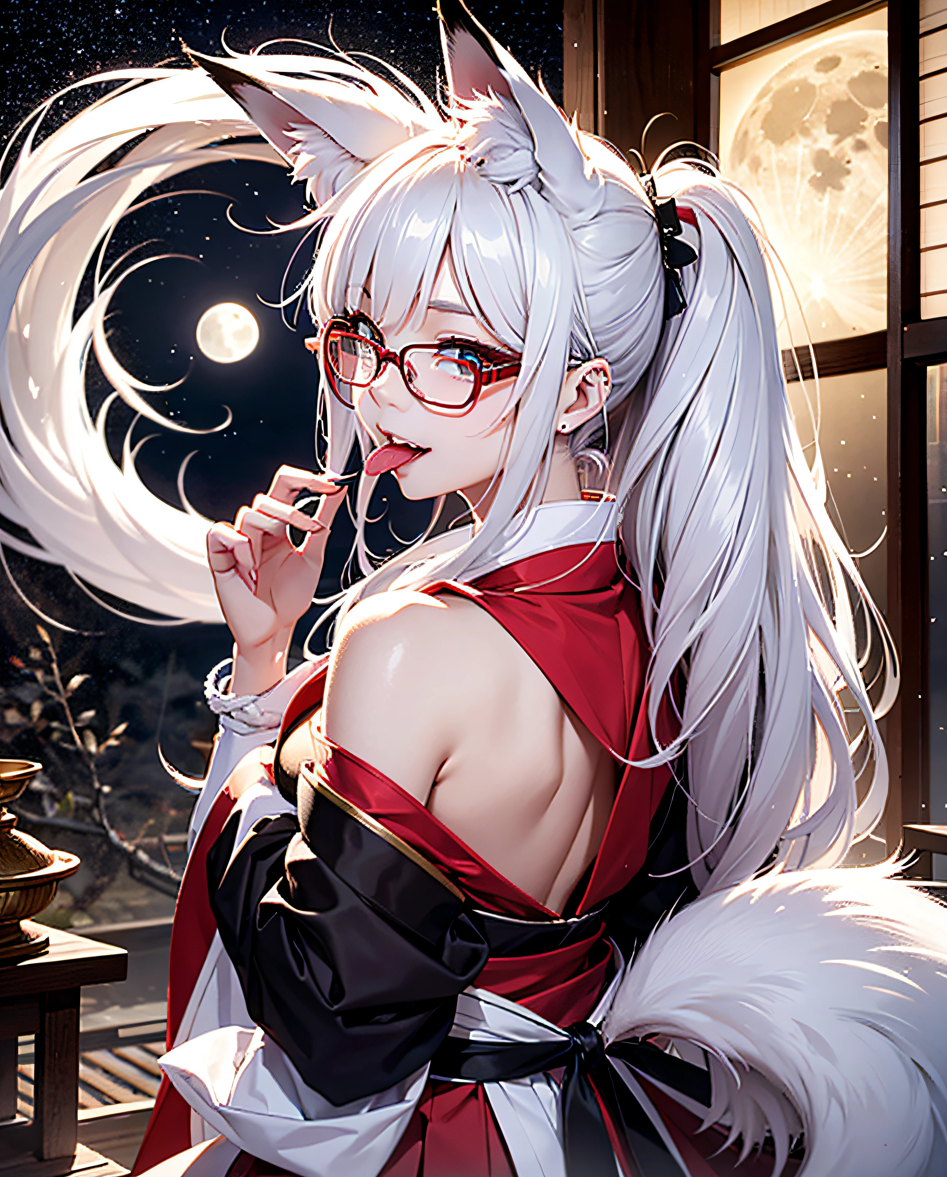 16K Ultra High Definition Top Quality Glamorous Fox Girl Super Big Big Ass Super Detail Super Real Body、One eye is hidden by bangs。White fox ears、Shiny Detailed Hair Texture White Long Beautiful Hair Sly Smile Cute Fangs and Pink Tongue.She wears a black hakama with the costume of a shrine priestess.、Wear only white Japan clothes、Performing red strangulation.。Wearing red-rimmed glasses。Nine thick white tails extending from the buttocks Bewitching smoke covering the surroundings The background is a Japanese-style room at night where you can see the moon from the window