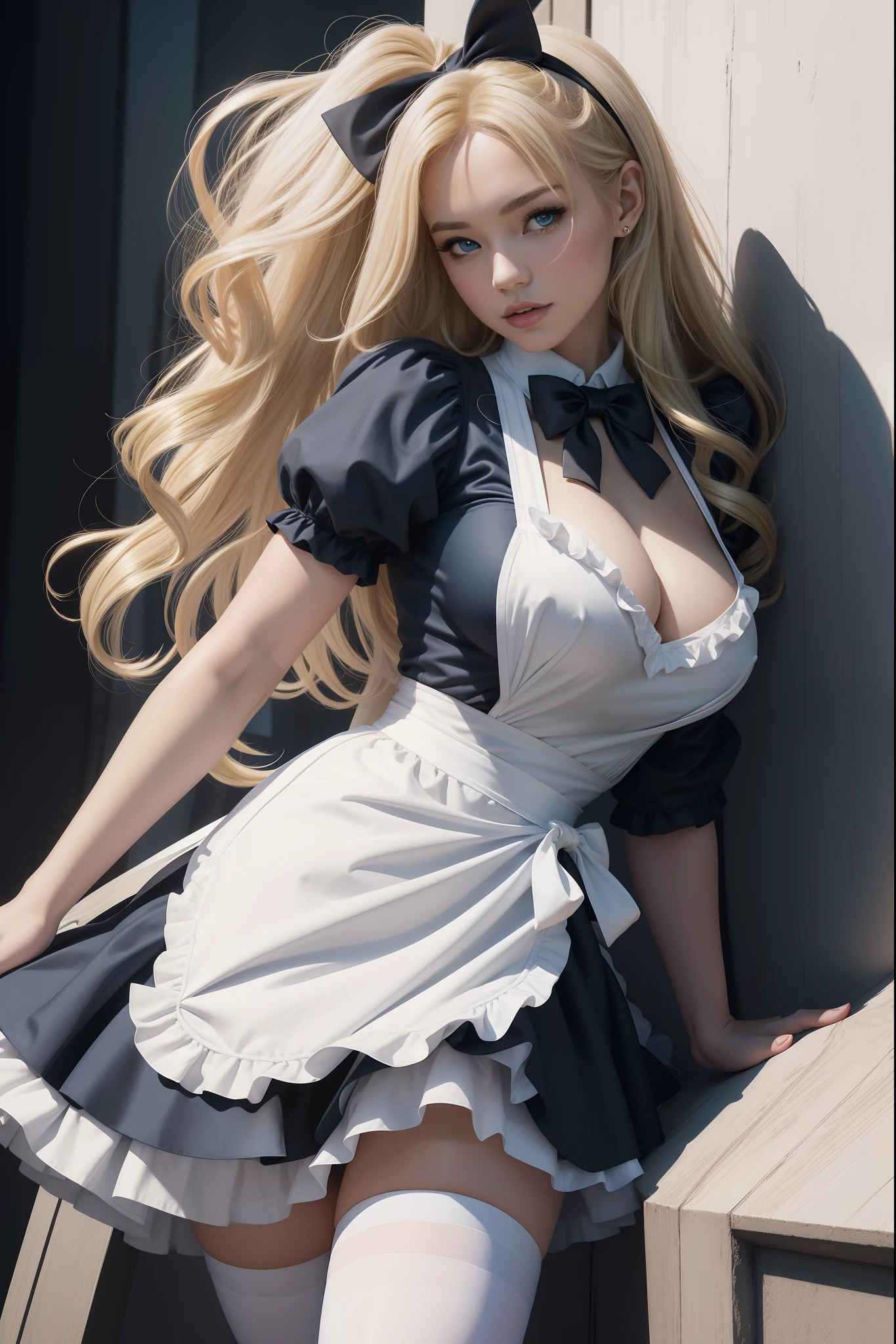 in the style of Artgerm and Adam Hughes, a sexy Alice in Wonderland with blonde hair with a black bow in her hair, blue dress with white apron, white stockings, cleavage, dynamic, ultra high def, 32k,