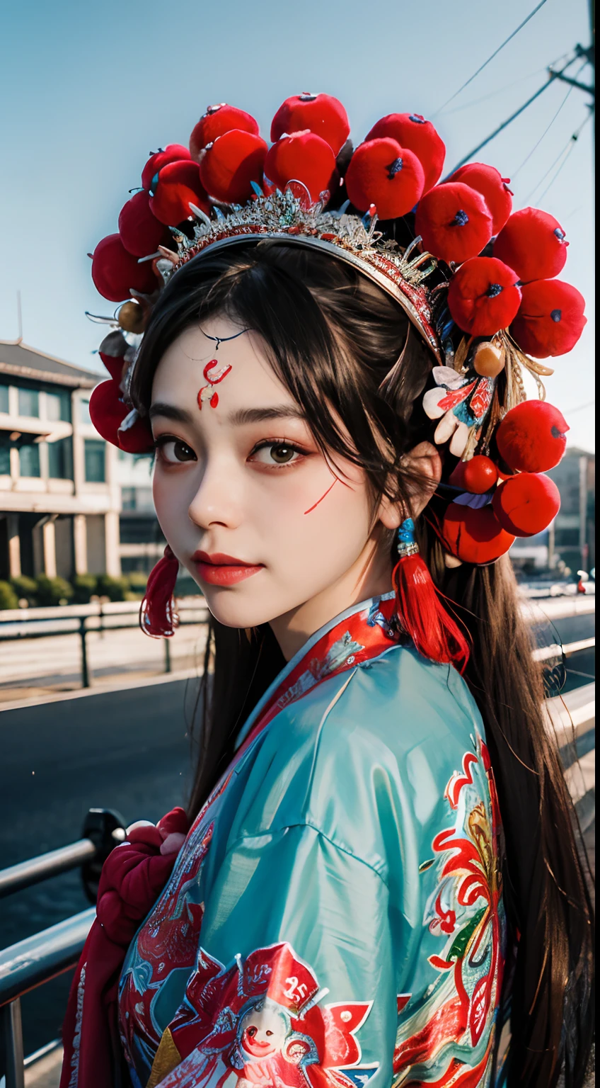 8K，RAW photos，best qualtiy，tmasterpiece，realisticlying，photograph realistic，ultra - detailed，Peking Opera face，
1 rapariga， CNOperaCrown， From the front， looking at viewert， putting makeup on， head gear， （（（CNOperaFlag）））， The flag is from behind， sportrait， looking at viewert， ssmile， simple backgound， Keep one's mouth shut， nipple tassels，