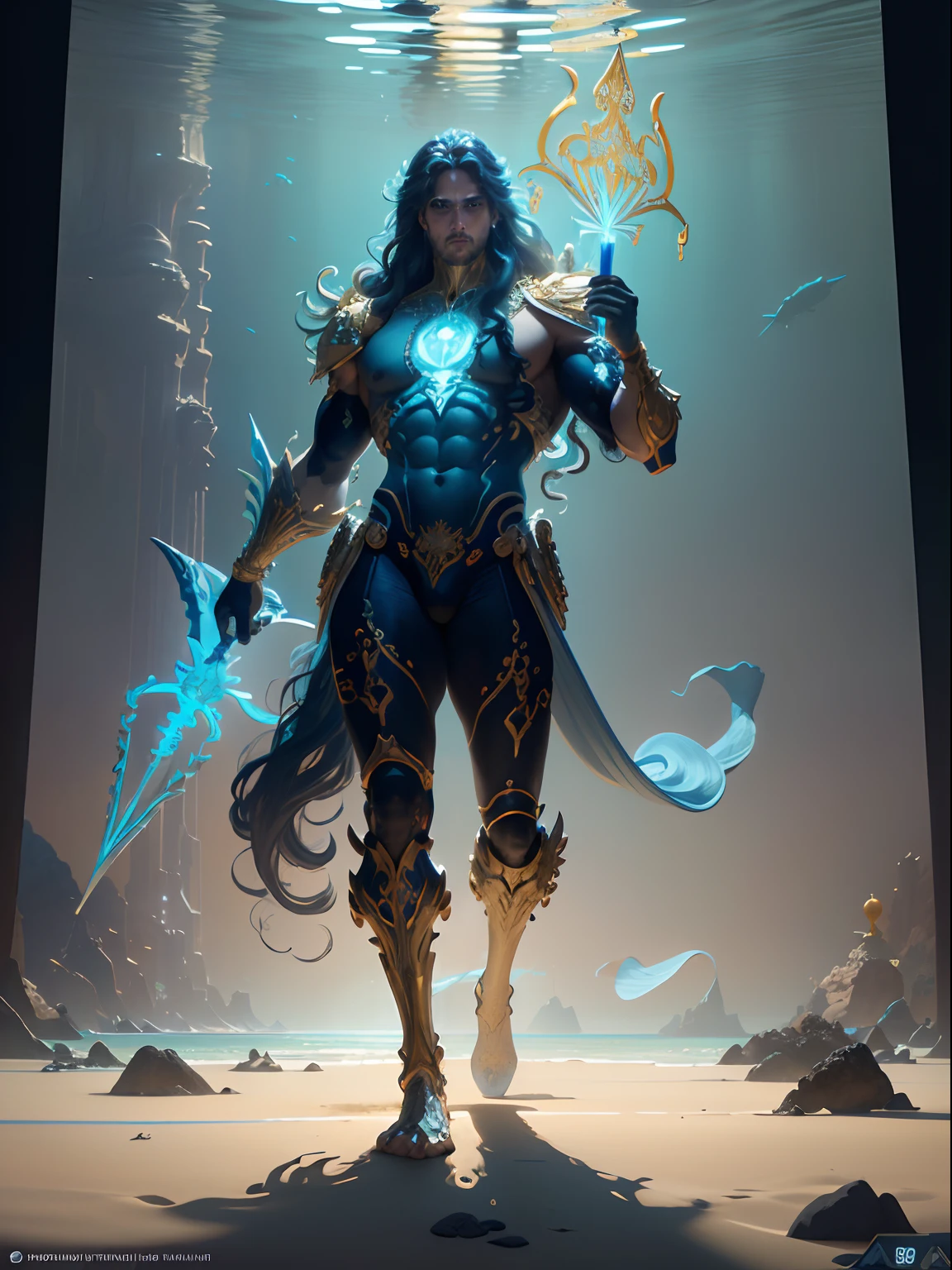 A full body portrait of a very strong and fitted mighty Triton under the sea, long waivy hair, with a neon Trident in his hand, acrylic painting, cgi, hyperrealistic, magical, mythological king, beach environment, futuristic city environment, futuristic environment holding a neon trident, golden skin, standing, background (ornate palace fantasy, intricate, elegant, highly detailed, digital painting, art station, concept art, soft, clear focus, illustration, artwork by Gaston Bussiere and Alphonse Mucha, panorama, UHD, masterpiece, ccurate, textured skin, super detail, high details, high quality, highres, best quality, award winning, 8k, cinematic lighting