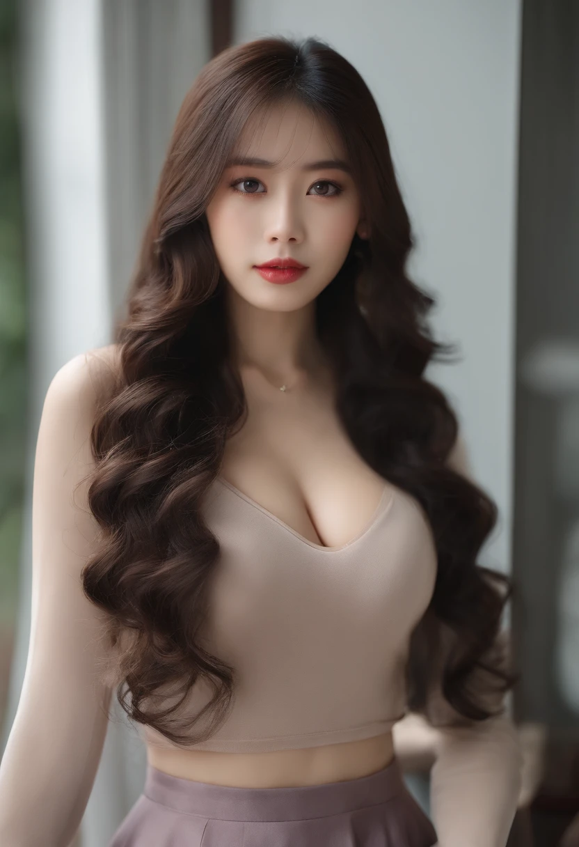 ((top-quality、8K、masterpiece:1.3))、sharp:1.2、Perfect Body Beauty:1.4、Slim abs:1.2、((Layered Hair Style、Colossal tits:1.2))、Wetty:1.5、Highly detailed facial and skin texture、A detailed eye、二重まぶた、Aspect of looking at the camera、Sweating、Photographing the whole body、portrait photo of a female、Long black hair Yoshinmori curly hair Clothing that reflects the valley tight skirts huge tit