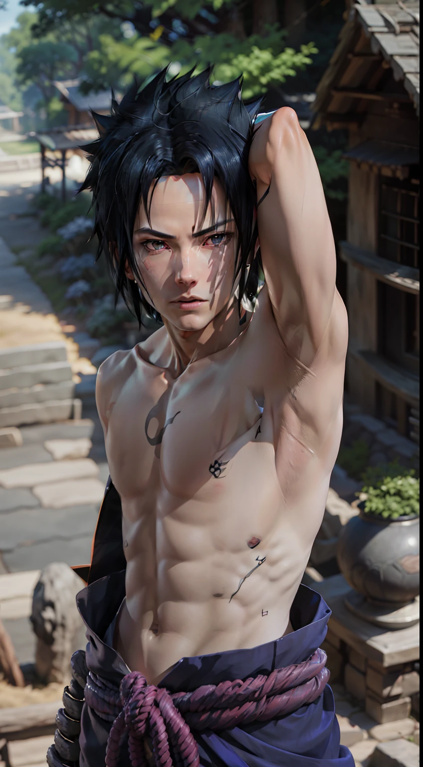 Sasuke Uchiha, (showing armpit), shirtless, in leaf village, masterpiece, best quality, ultra quality, absurd details, best light, best shadow, sharp, sharp picture, detailed face, detailed eyes, detailed hair, detailed, extremely detailed, great resolution, 8k, 4k, uhd, ray tracing