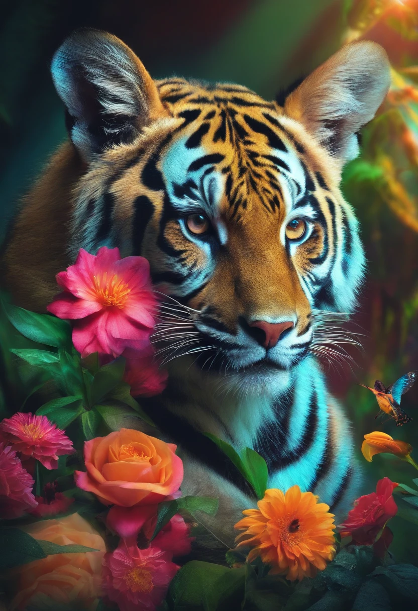 collage with vibrant, neon colors, with realistic animals
