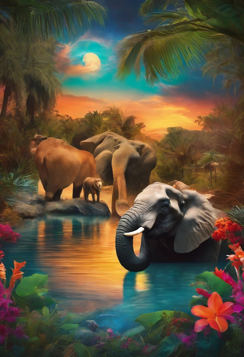 collage with vibrant, neon colors, with realistic animals