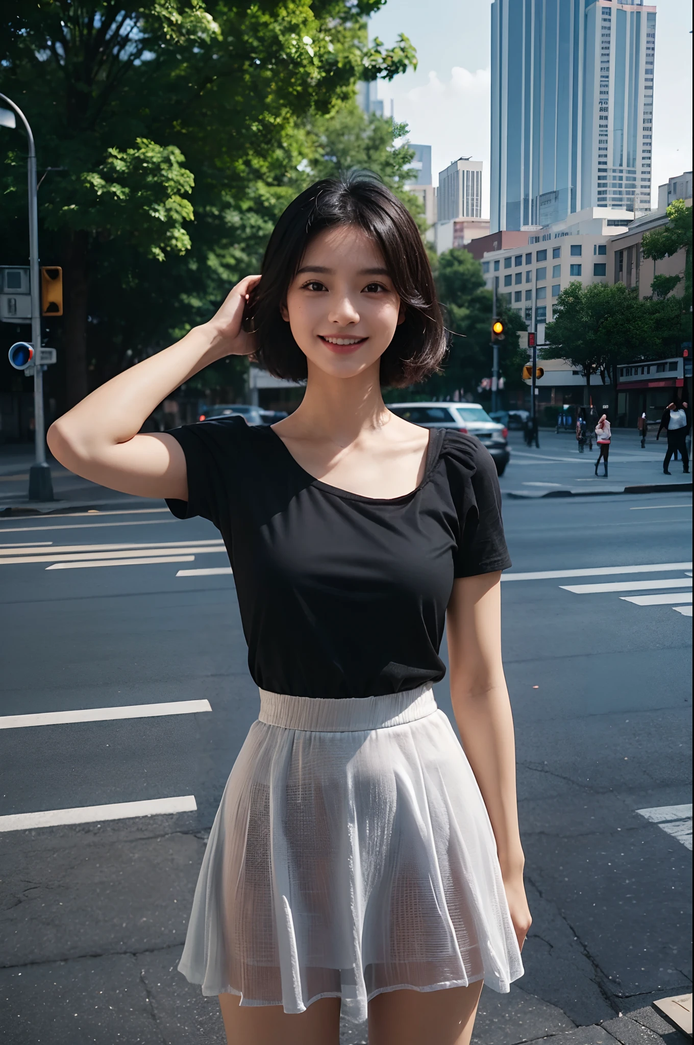 there is a woman that is standing in a building with her hands on her head, wearing black tshirt, wearing a black t-shirt, taken with canon 8 0 d, wearing a black tshirt, outlive streetwear collection, photograph of a techwear woman, chiho, with short hair, taken with canon eos 5 d, wearing japanese techwear, jen zee, cowboy shot、bokeh dof:1.2、plein air、1980s\(styles\)、Vintage Details、A city scape、 1 girl,A fitted,独奏,(Bright smile:1.3),(1980s dresses,(See-through skirt:1.2)),(shortsleeves,off shoulders:1.1),dynamicposes,Look at viewers, (medium_breasts:1.2)、(floating_hair)、tiny_waist、(realistic_detailed_skin_texture:1.1)、good hand、pin-up、good feet、This scene is、Beautiful depth of field and a little blurry、Nostalgic background、Film Portrait Photography、35mm film、filmg、(8k、RAW Photography、top-quality、masterpiece:1.2)、(realisitic、Photorealsitic:1.4)、超A high resolution、photon maping,Radio City,((Hasselblad photo)),physically-based renderingt,Professional Soft Writing,Facial light,