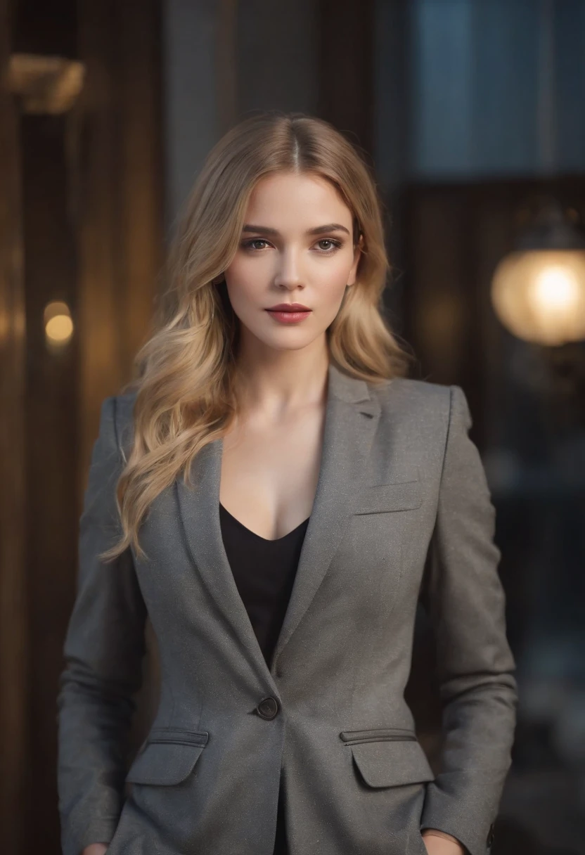 (beautiful woman in tailored blazer without tie), (European), attractive appearance, long golden hair, stylish and stylish, shaved body in suit, showy body, (top) high quality and real picture), in the background Dark black and light image, cinematic style, (best quality, 8k, masterpiece).