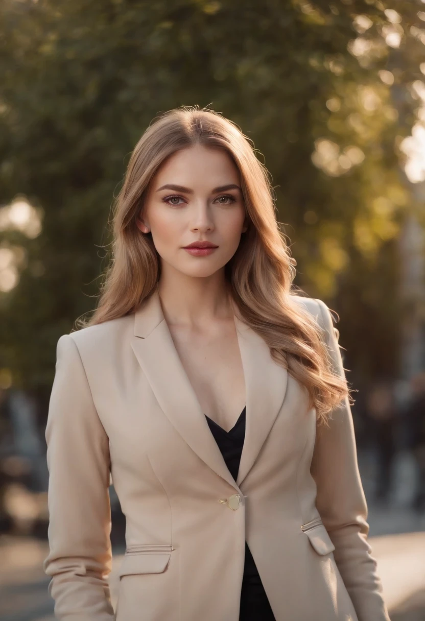 (beautiful woman in tailored blazer without tie), (European), attractive appearance, long golden hair, stylish and stylish, shaved body in suit, showy body, (top) high quality and real picture), in the background Dark black and light image, cinematic style, (best quality, 8k, masterpiece).