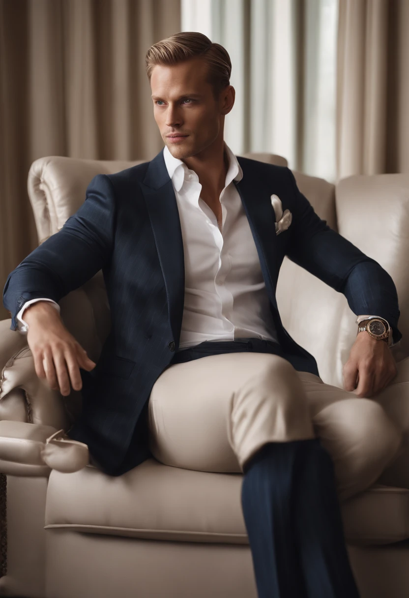 A young man，Handsome，well-muscled，Hairy body，white sock，Ultra-thin tights（Detailed eyes：1.3），Naked topless，Nudity Everywhere，Blue eyes，massive bulge，Black hairs protruding from the bulge, full body Esbian，Character sitting on a chair with arms raised, blond hair (short classy hair,), Nice Pose, Handsome man, Pretty Face, royal elegant pose, businessman, (In a striped blazer), (The surrounding environment is a luxurious and classic living room) (Sandtone imagery) Alexander Skarsgård face lookalike, Filip Lamprecht face lookalike, ultra realistic, royalty prince looking, old money aesthetic, Swedish looking, Joel Kinnaman lookalike, classy suit, Rolex, classic car in the background, royalty looking, wearing Ralph Lauren suit, Filip Lamprecht face lookalike