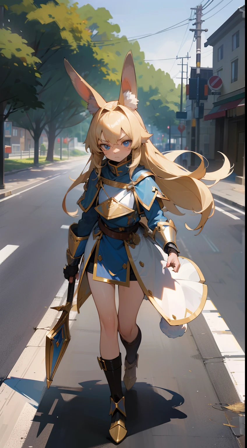 1girl,(,10yearslight blonde hair,(((Long rabbit ear))),blue eyes,long hair,wolf tail,templar gold knight outfit,knight,masterpiecd,hd,4k,best face,detailed face,innocent face,serious face,(((walking in the road,)))