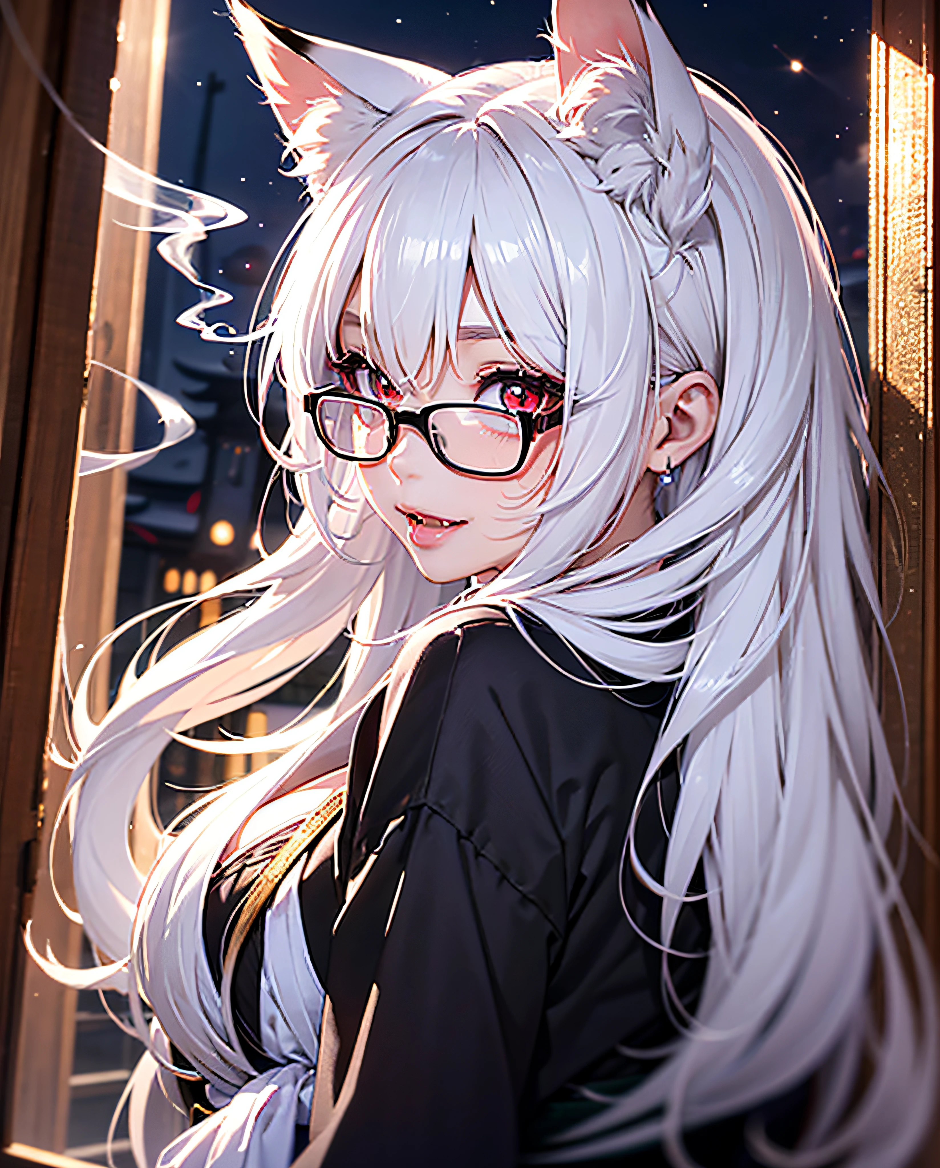16K Ultra High Definition Top Quality Glamorous Fox Girl、ultra gigantic tits、Super big ass、Super Detail Super Real Body、Red eyes、There is a pink heart mark in the pupil。Sweating。One eye is hidden。Very long lashes、White fox ears、Glossy detailed hair texture、White and black mesh long beautiful hair sly smile cute fangs and pink tongue.She wears a black hakama with the costume of a shrine priestess.、Wear only white Japan clothes、Obi knot in front。It's a big ribbon。Wearing red-rimmed glasses。Nine thick white tails extending from the tailbone Bewitching smoke covering the surroundings The background is a high-class Japanese-style room at night where you can see the moon from the window