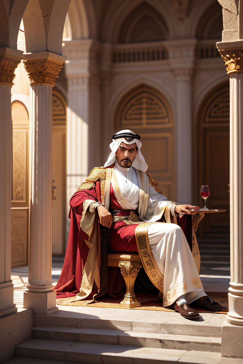 An Arab sultan with a large flaming wine cup like a ruby soiling hand, sitting in his Arab Palace
