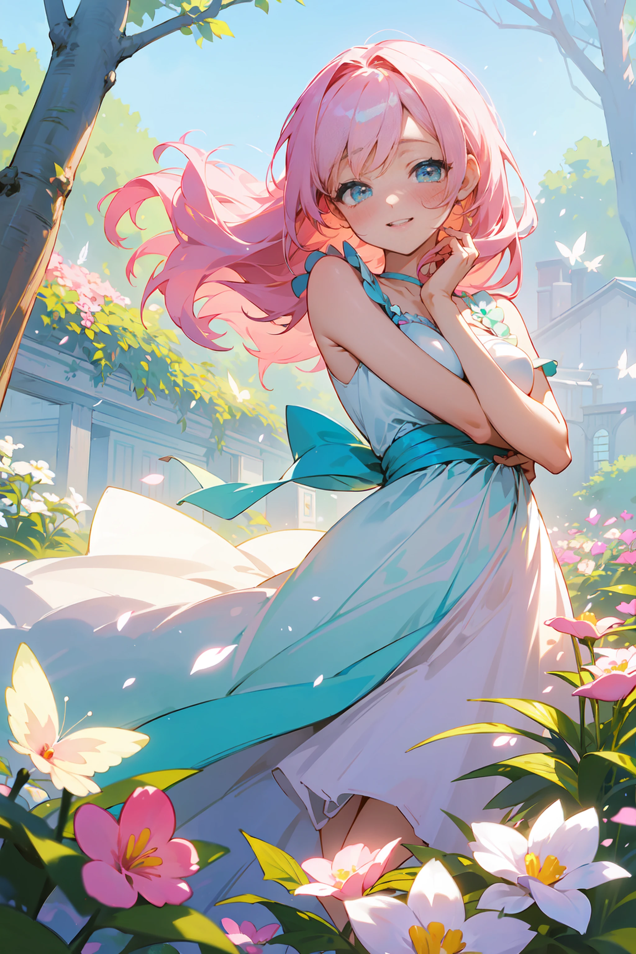 (best quality, 8k, masterpiece:1.2, nsfw ),Cutest,Cute girl,mesugaki,Beautiful face,Beautiful eyes,Beautiful hair, Light pink hair,Lots of colorful flowers,soft sunlight,vivid colors,shimmering petals,peaceful garden,flying butterflies,lovely dress,innocent smile,playful pose,blissful atmosphere,serene background,dreamy ambiance,lively atmosphere,sparkling dewdrops,joyful expression,captivating charm,magical garden,pastel hues,gentle breeze,dainty features,delicate petals,endearing beauty,enchanted scenery.